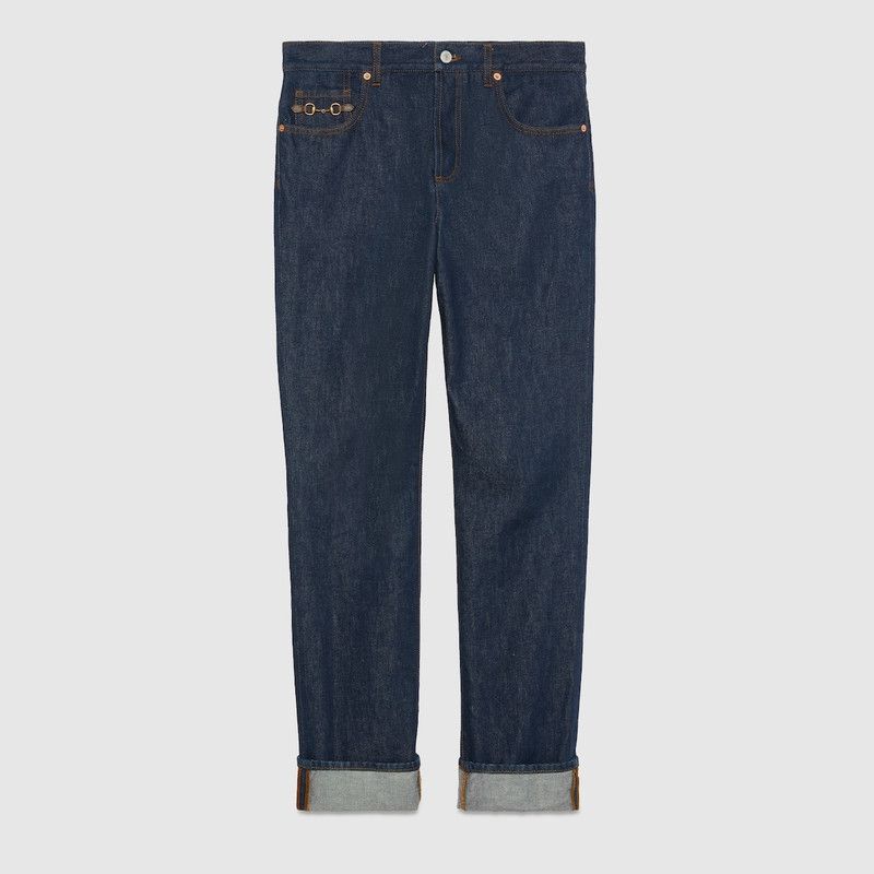Gucci o1loc1c0126 774080 Denim Pant With Horsebit in Dark Blue Size US 31 - 1 Thumbnail