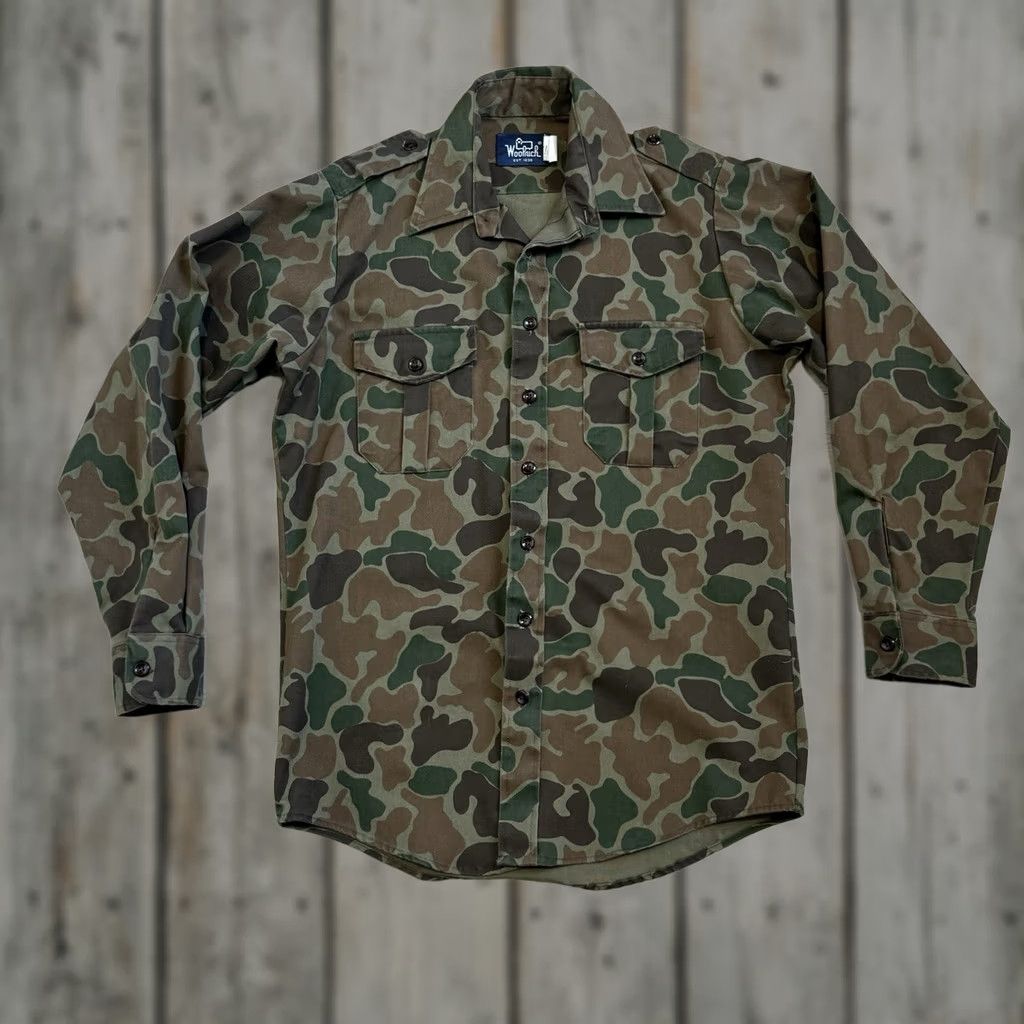 Vintage VINTAGE Woolrich Button-Up Shirt Shacket Green Camouflage Wool Flannel Wool Duck Frog Skin Pockets Size M Mens Size US M / EU 48-50 / 2 - 1 Thumbnail