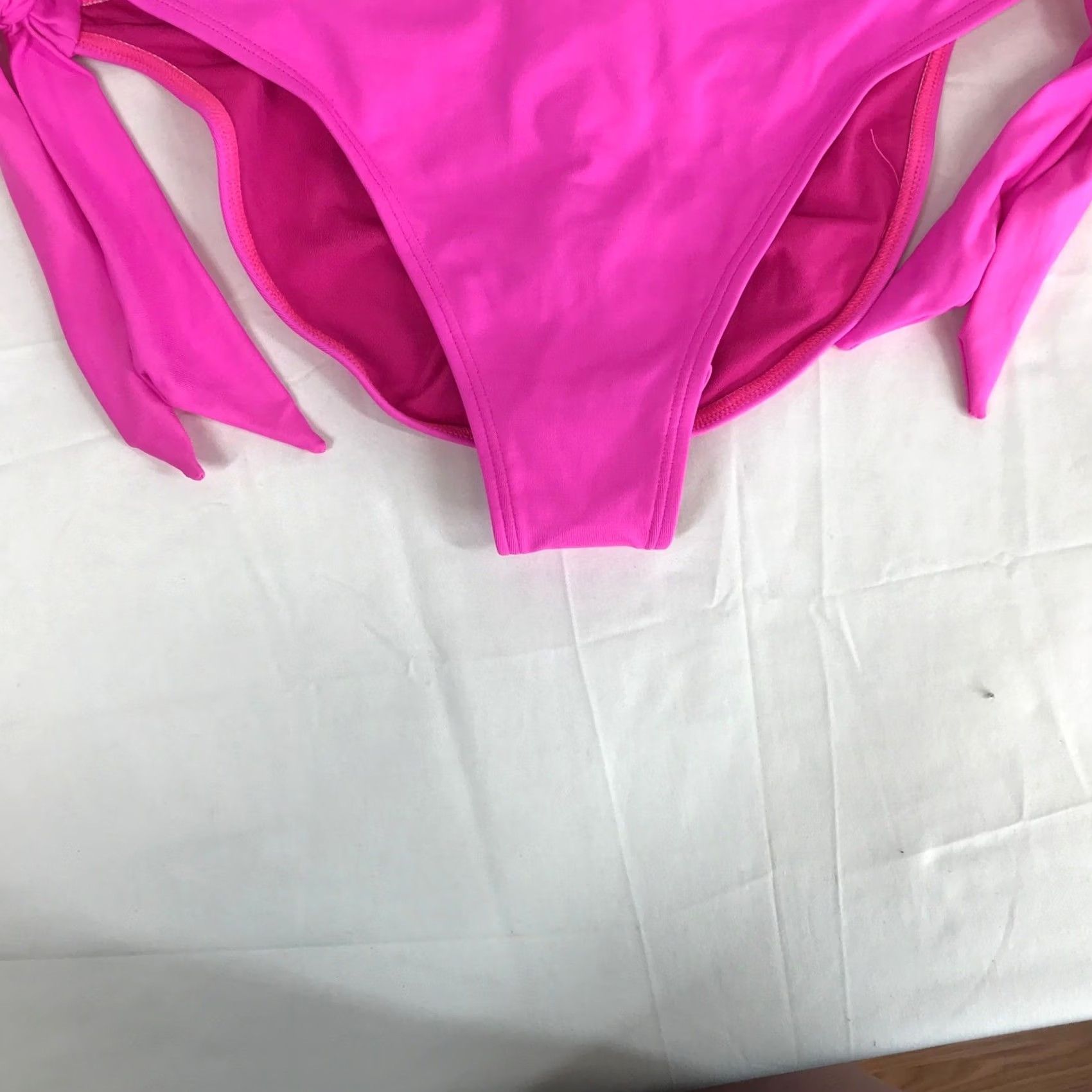 Vintage VINTAGE? No — (Original is not vintage) Frederick's of Hollywood Hot Pink Side Tie Ruched Bikini Bottom 1X/2X NWT Size 40" / US 18 - 3 Thumbnail