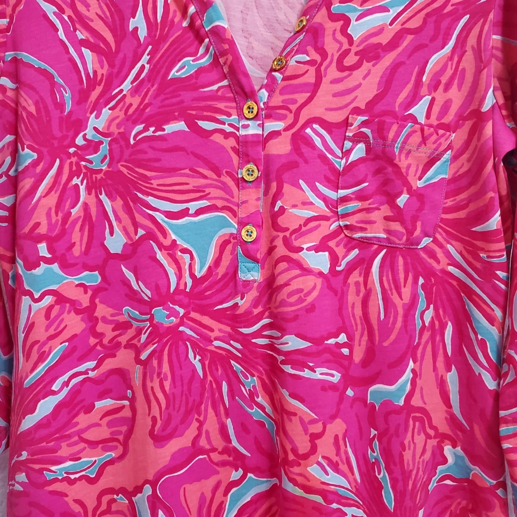 Lilly Pulitzer Lilly Pulitzer Alessia Dress Womens M Pima Cotton Pink Floral Resort Sea V-Neck 3/4 Sleeve Pullover Knee Length A-Line Sundress Size M / US 6-8 / IT 42-44 - 5 Thumbnail