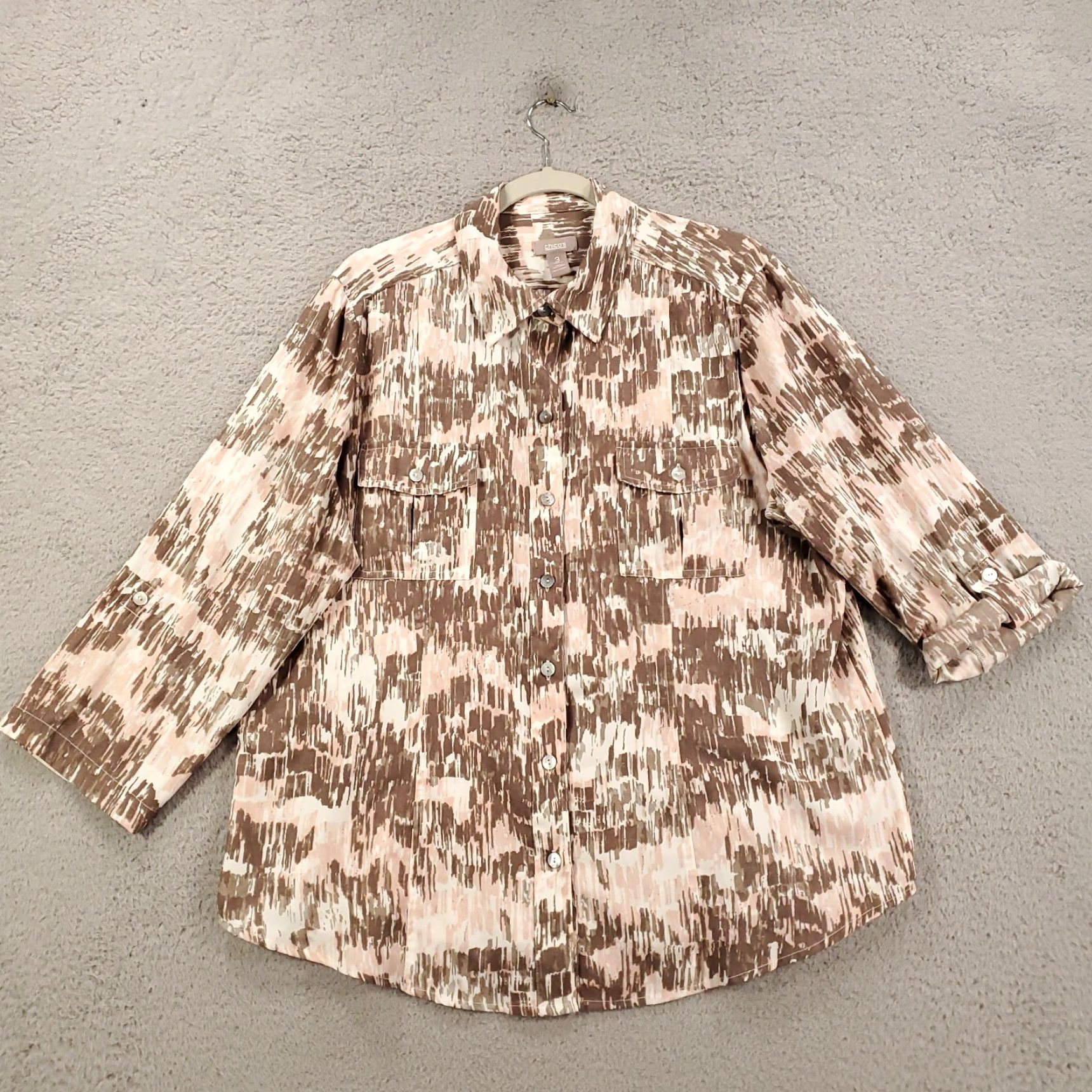 Vintage Chicos Button-Up Top Womens XL Pink Brown Roll Tab Sleeve Blouse Chicos 3 Size XL / US 12-14 / IT 48-50 - 4 Thumbnail