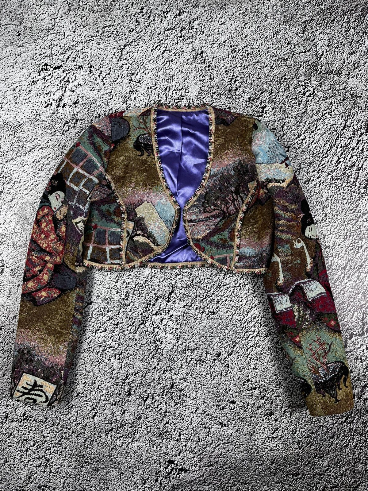 Handmade Vintage Japanese Geisha Tapestry Cropped Bolero Jacket Size S / US 4 / IT 40 - 6 Thumbnail