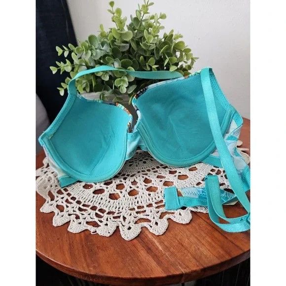 Other Push Up Bra Padded Underwire Aqua Blue Brown Print Design Size ONE SIZE - 2 Thumbnail