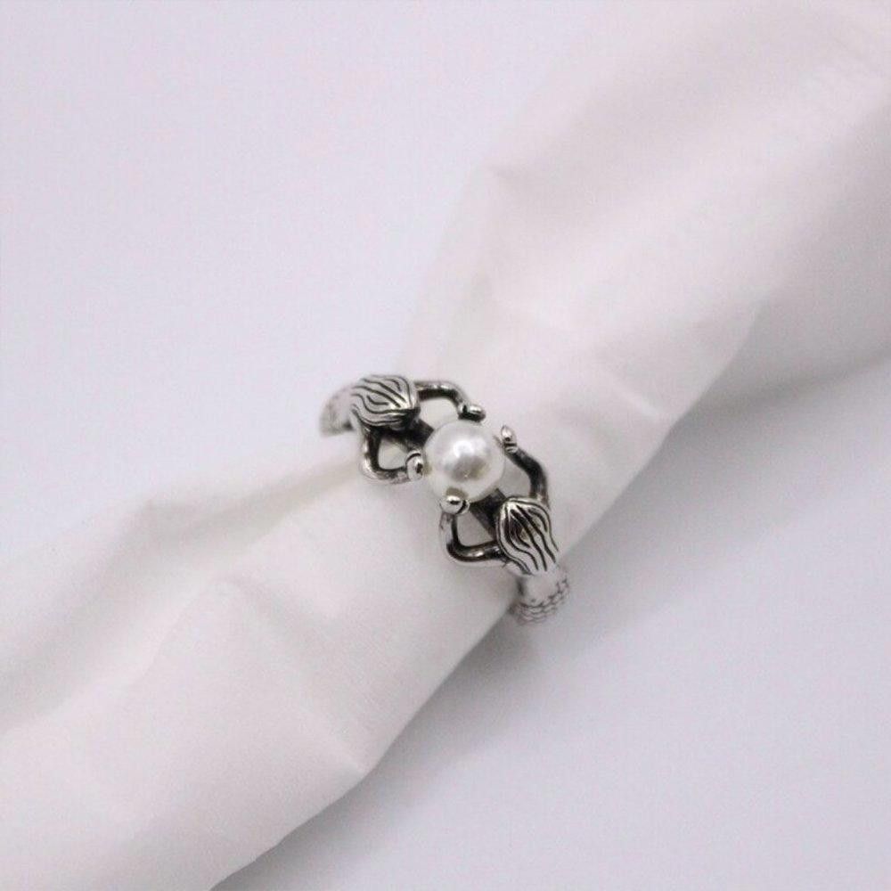 Designer Retro Mermaid Freshwater Pearl Antique Silver Ring - Size 7 Size ONE SIZE - 4 Thumbnail
