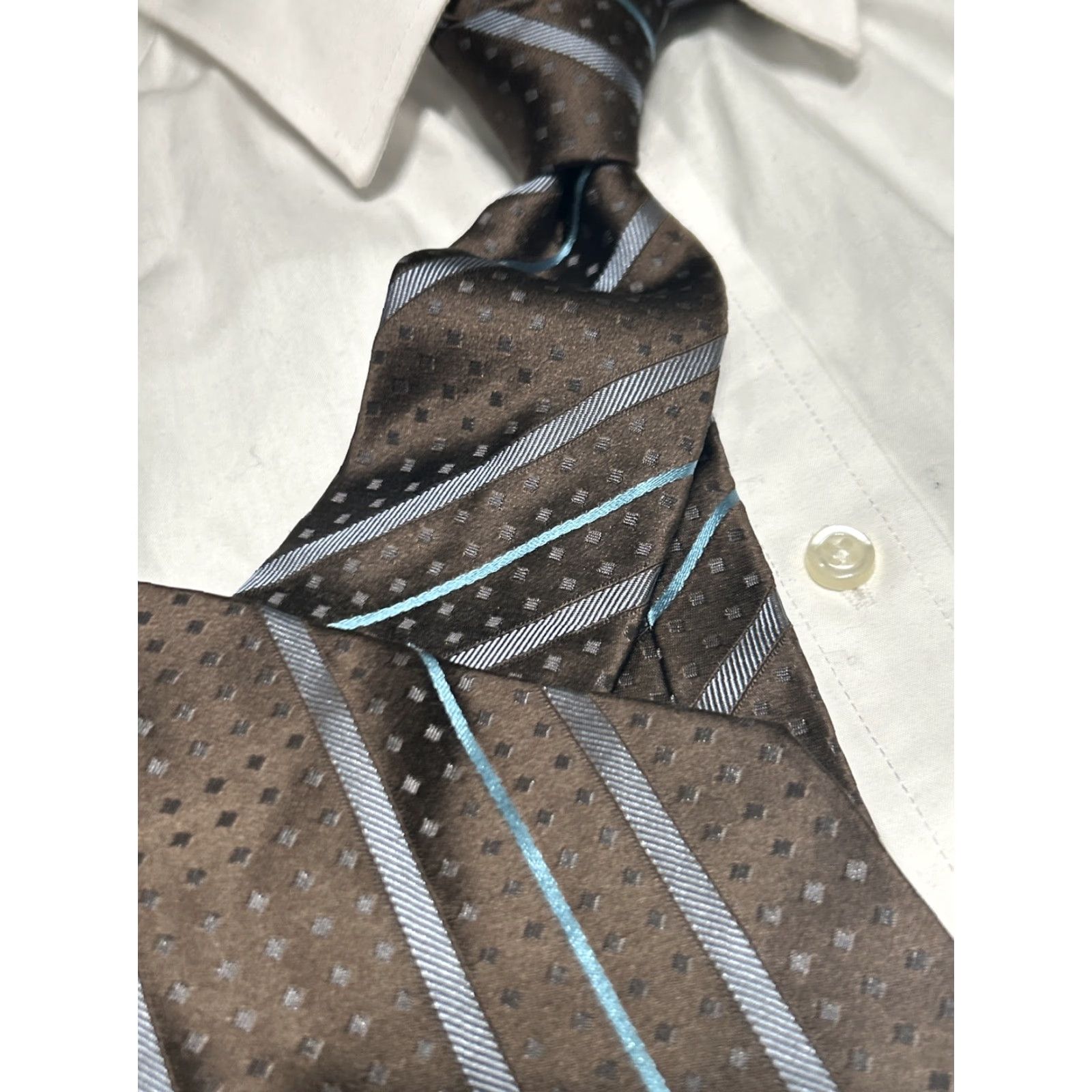 Romeo Gigli VINTAGE ROMEO GIGLI Mens Silk Classic Necktie ITALY Luxury Brown/Blue Geometric 60" 3.75" Tie Mens Size ONE SIZE - 4 Thumbnail
