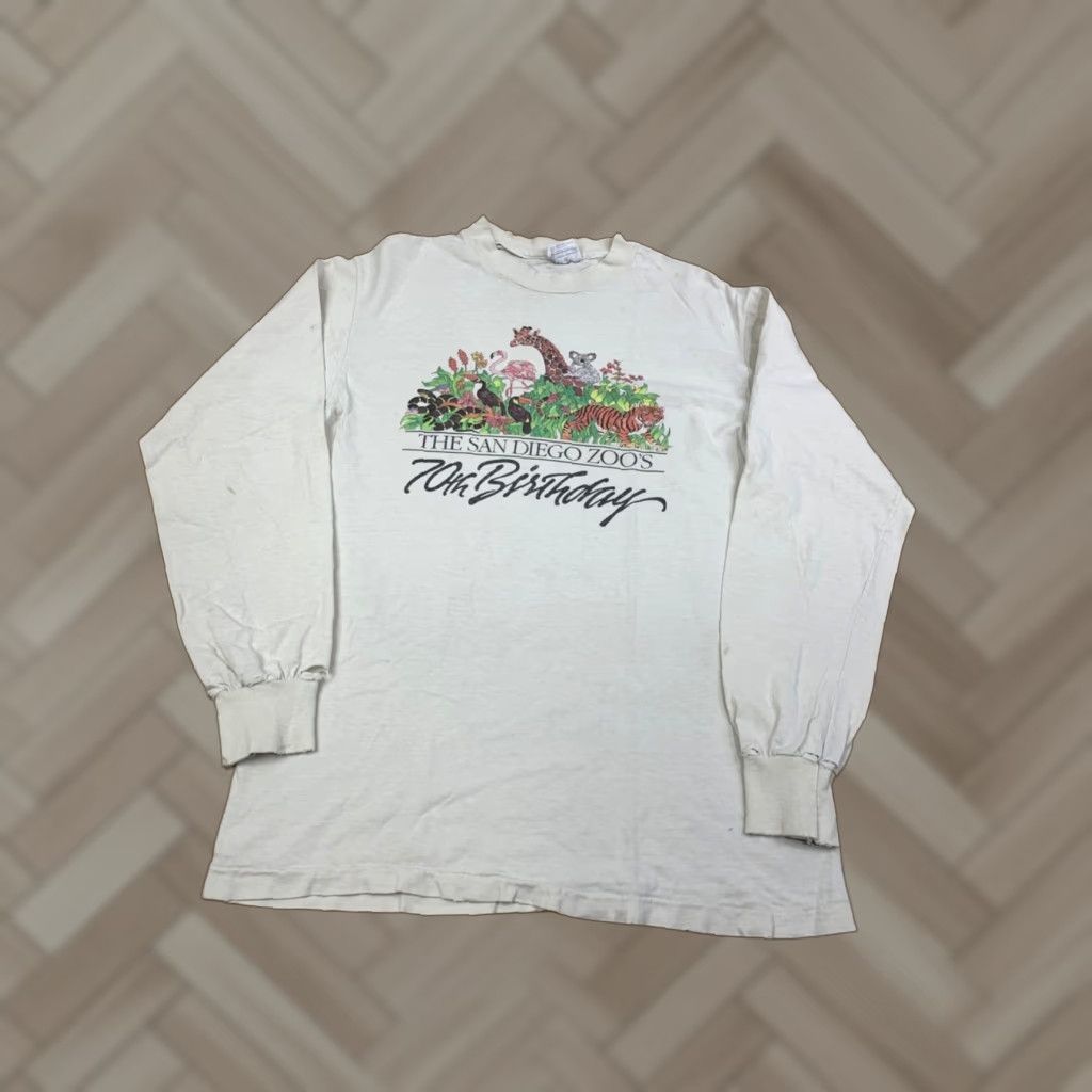 Hanes Vtg San Diego Zoos 70th Birthday Long Sleeve Shirt M White 90s Distress 11690 Size US M / EU 48-50 / 2 - 1 Thumbnail