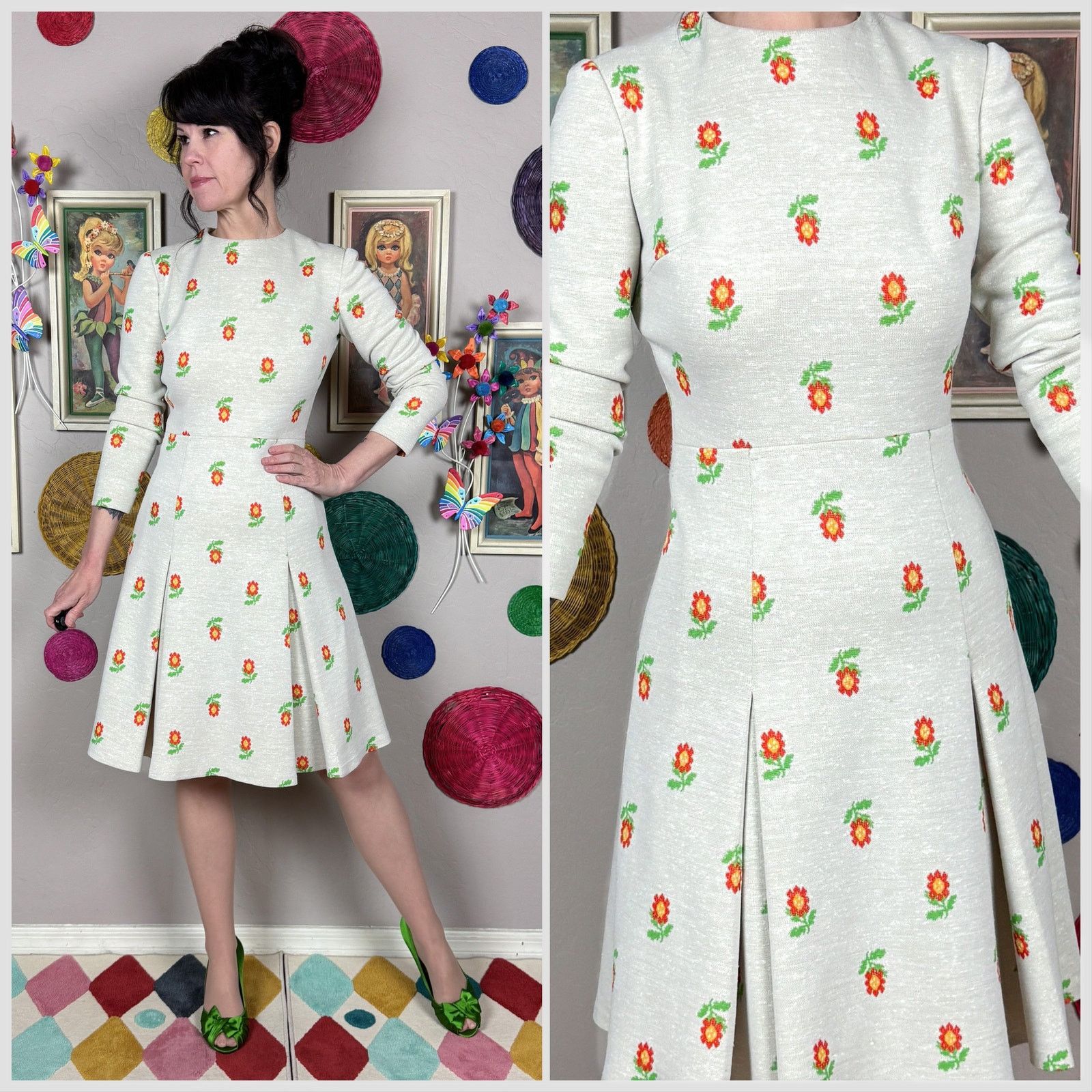 Handmade × Vintage Vintage 1970s Beige Floral Long Sleeve Pleated Skater Dress Size XS / US 0-2 / IT 36-38 - 1 Thumbnail