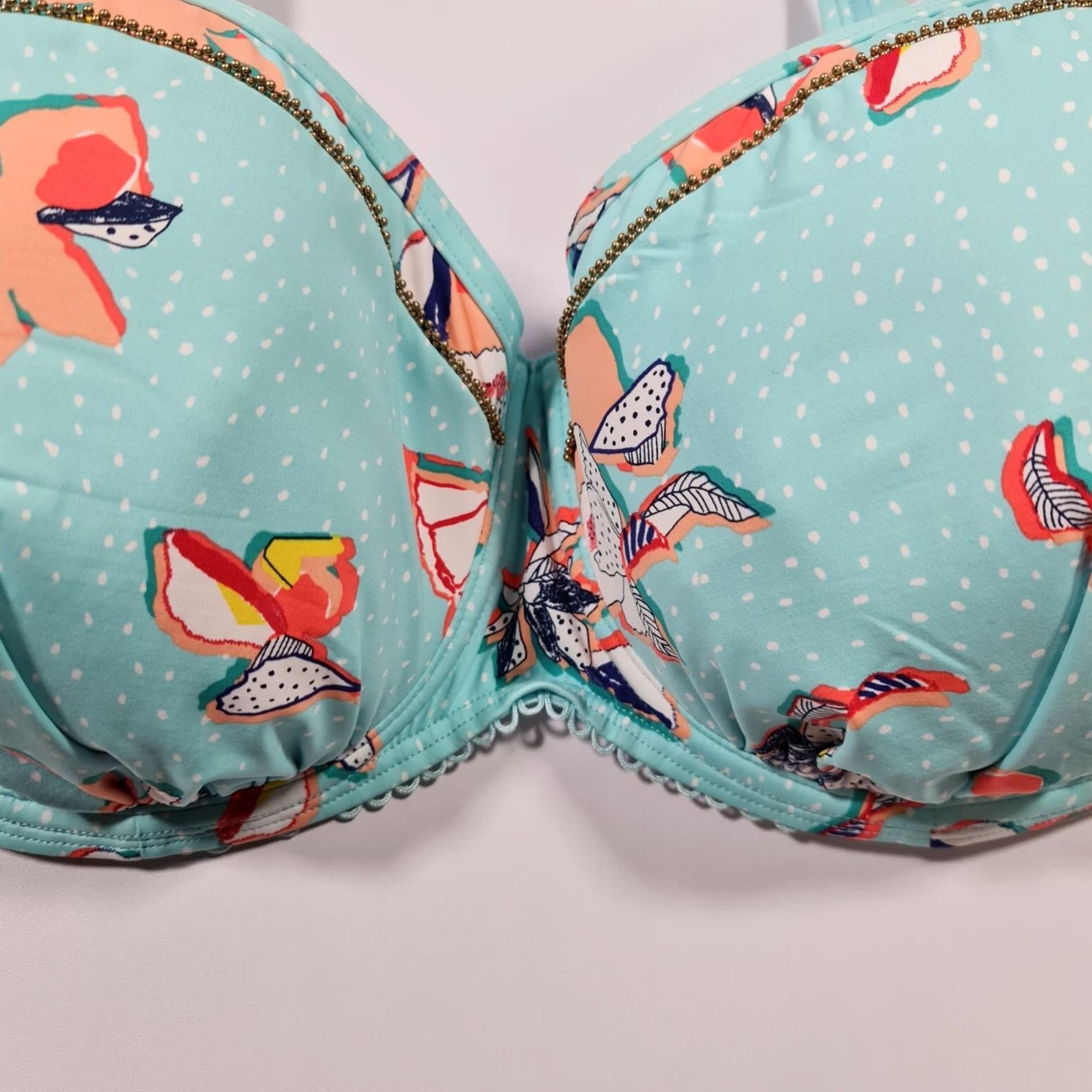 Vintage Sunseeker Womens Bikini Top Blue 14 UK Floral Underwired Swimming Bra EU 42F Size XL / US 12-14 / IT 48-50 - 2 Thumbnail