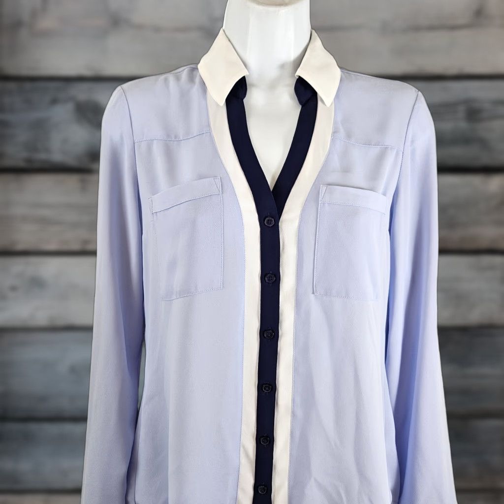 Express Express Womens Portofino Button Up Shirt XS Blue White Tabbed Long Sleeve Shirt Womens XS Blue Portofino Button-Up Shirt Size XS / US 0-2 / IT 36-38 - 1 Thumbnail