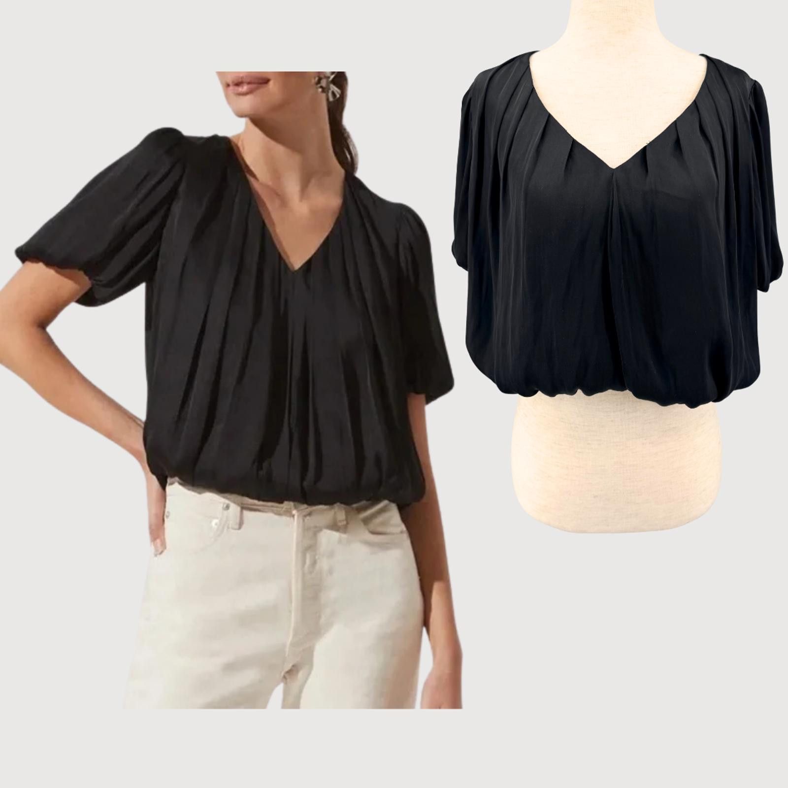 Other Revolve ASTR Satin Bubble Hem Blouse Black V Neck XS Size XS / US 0-2 / IT 36-38 - 1 Thumbnail