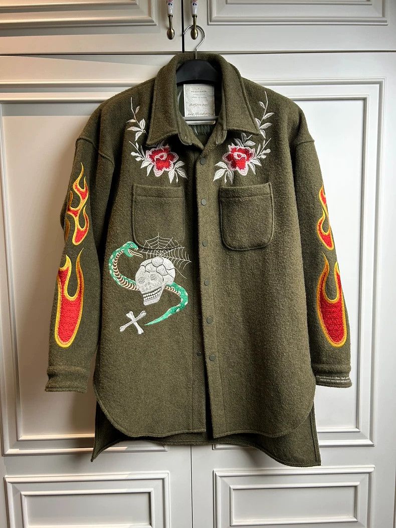 Flame Embroidery Wool Oversize Shirt Jacket