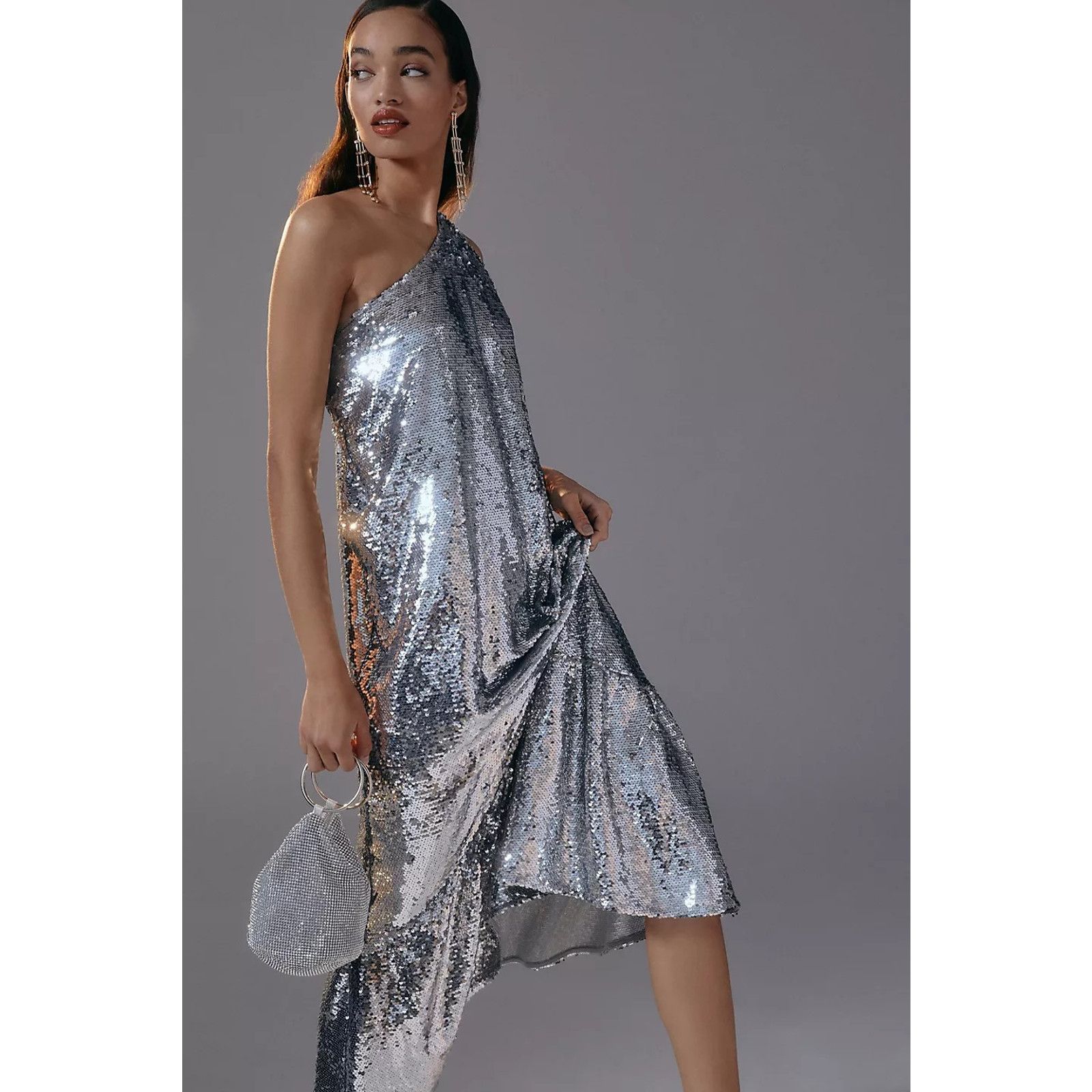 Image of New Anthropologie Maeve One-Shoulder Sequin Dress $230 Xs in Silver, Women's