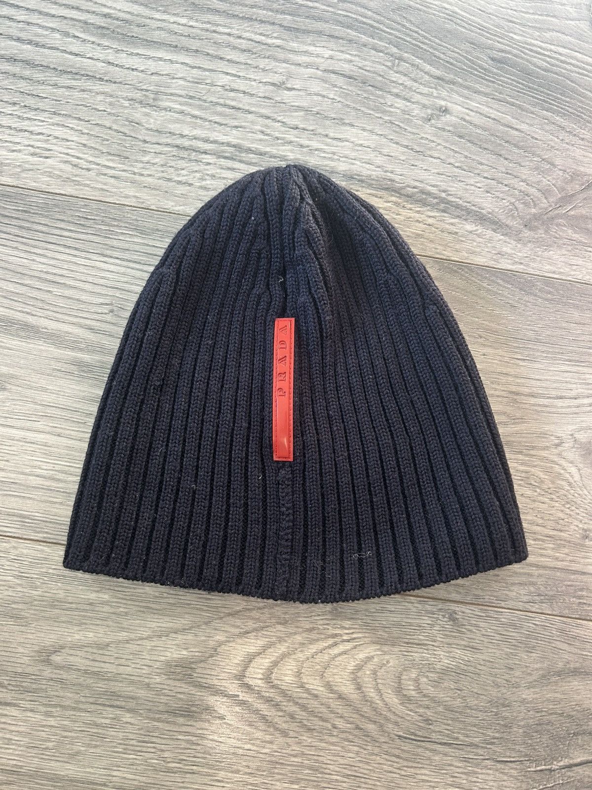 Prada Ribbed Wool Beanie with Red Tab Logo