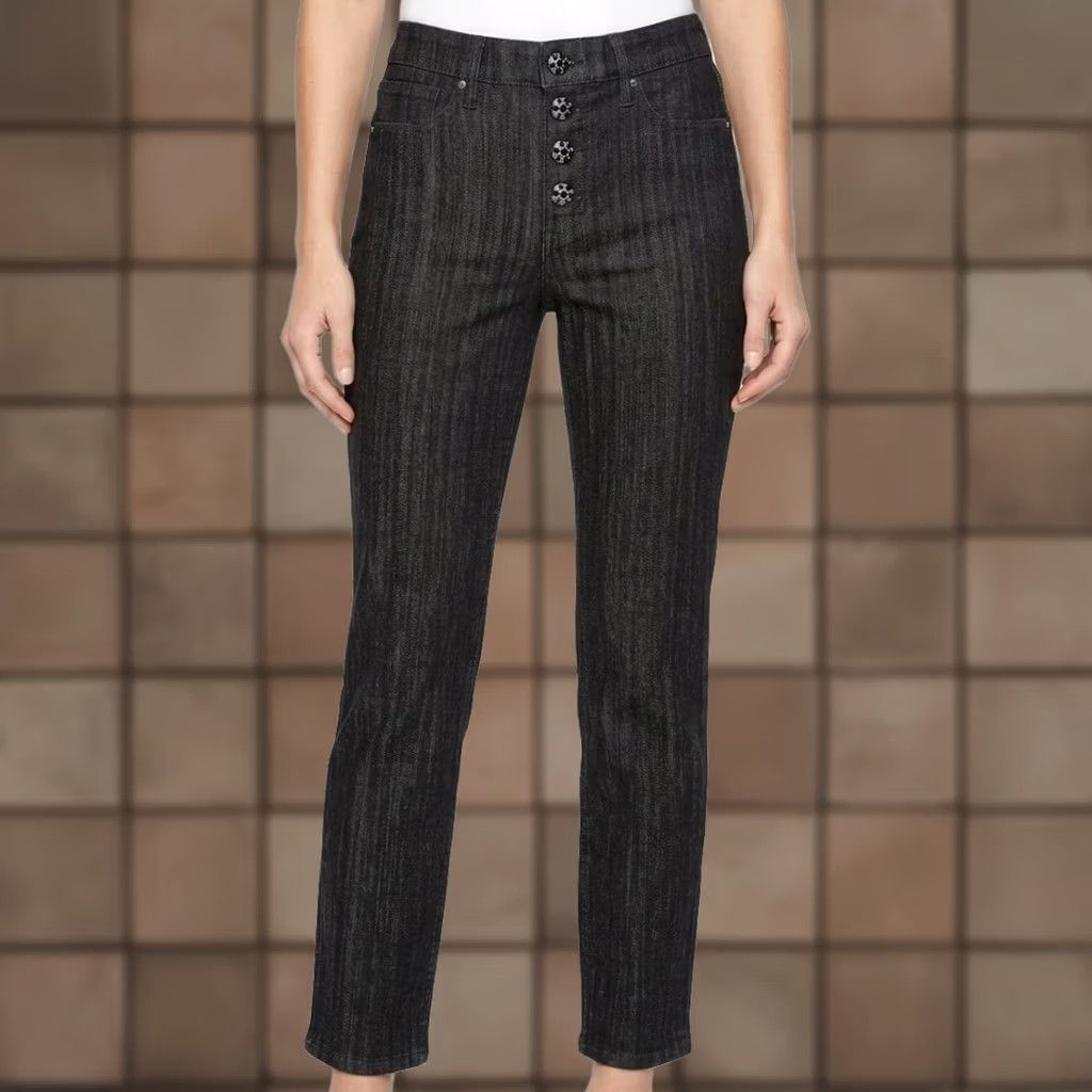 White House Black Market VINTAGE WHBM Jeweled Button High-Rise Slim Ankle Jeans Women 4 Black Pinstripe Pre-Owned Size 27" / US 4 / IT 40 - 1 Thumbnail