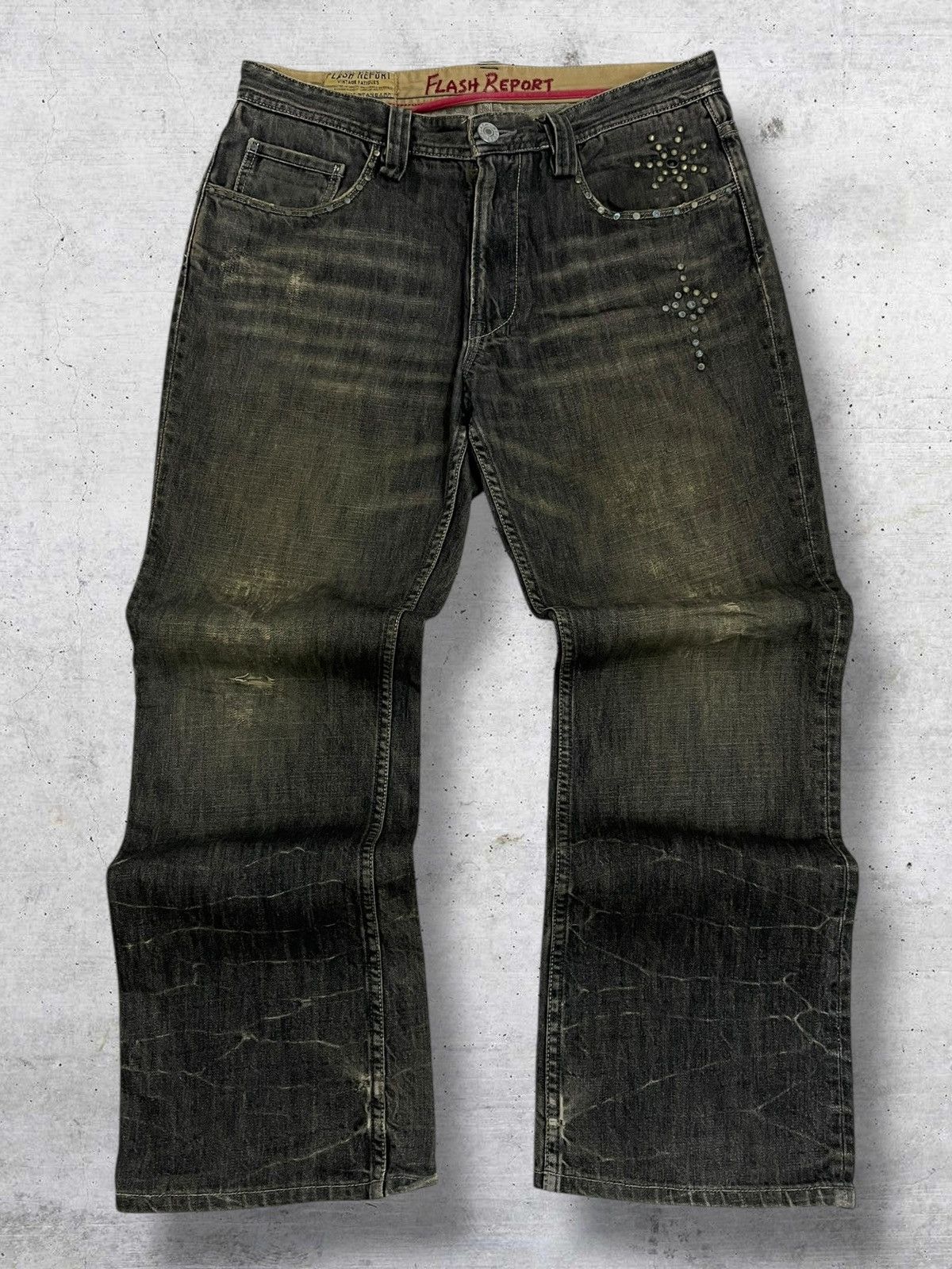 VINTAGE DISTRESSED MUDWASH STUDDED JAPAN FLASH REPORT DENIM