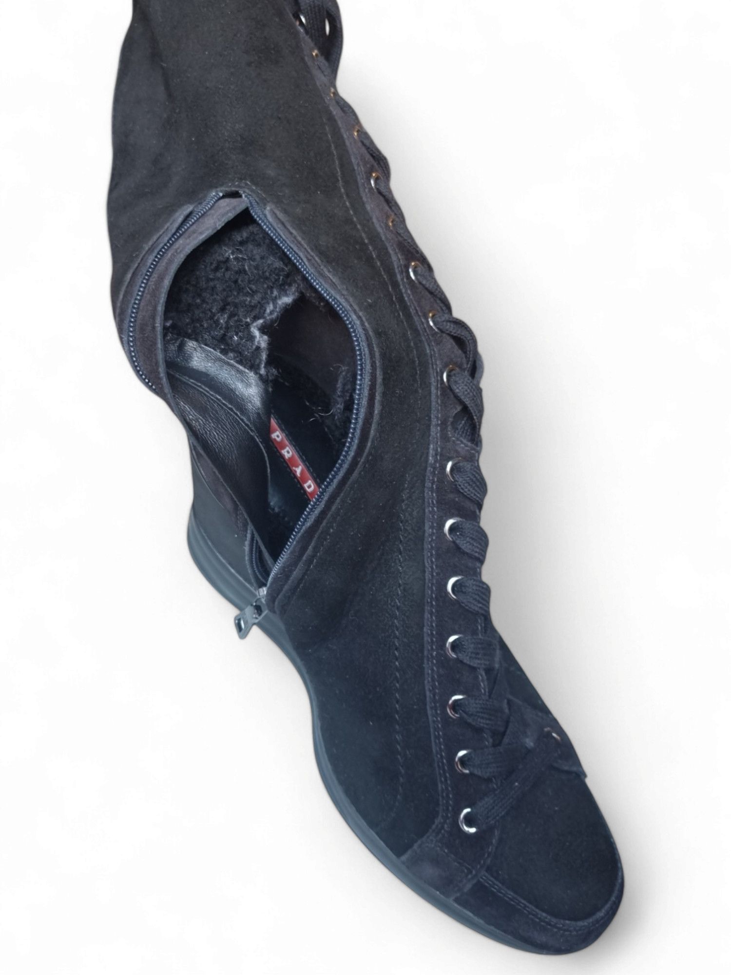Prada Box Prada Suede Sheepskin Wedge Lace Up Leather Upper Boots Size US 6 / IT 36 - 21 Thumbnail