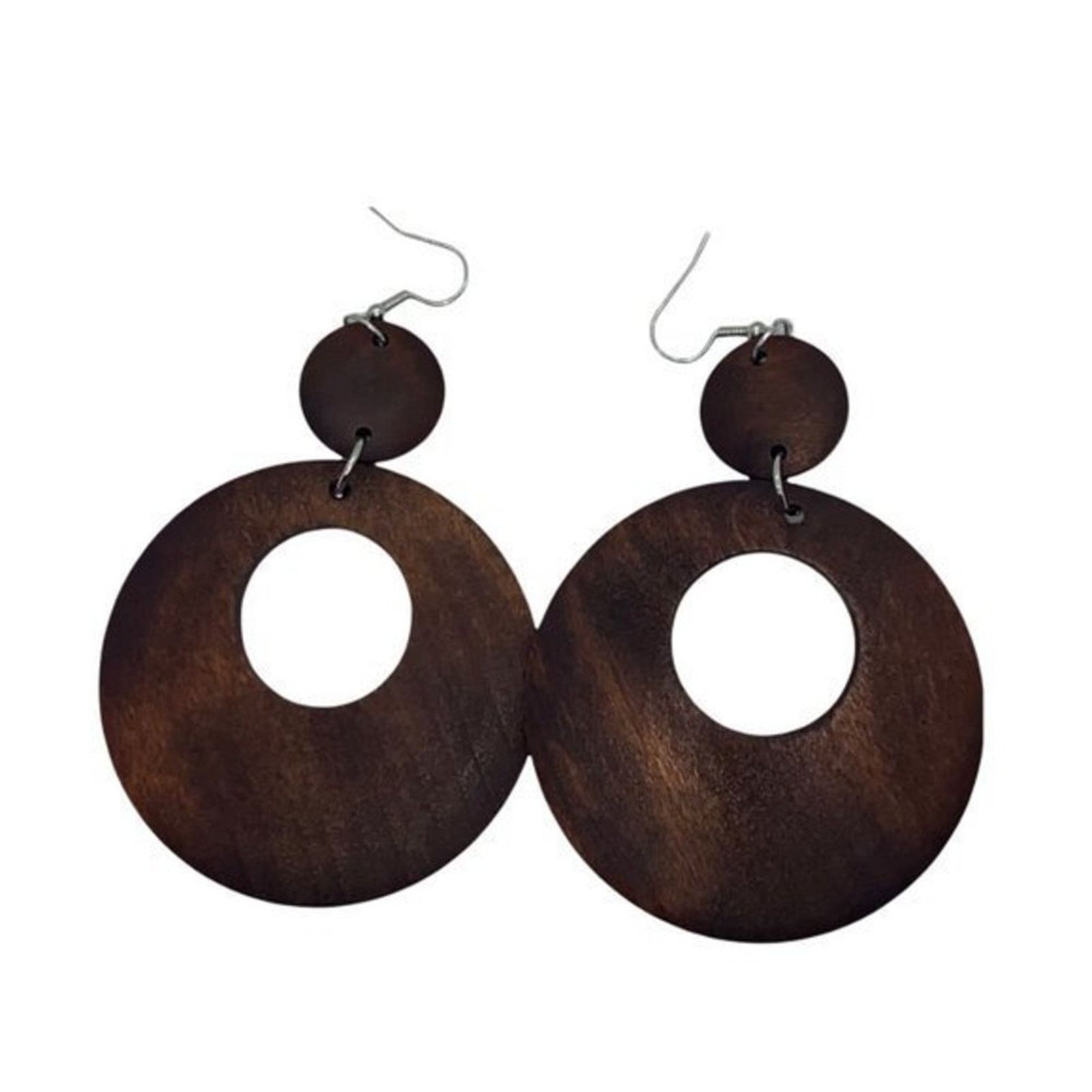 Boutique Moschino NWT Brown Wood Circle Cut-Out Dangle Statement Earrings Size ONE SIZE - 4 Thumbnail