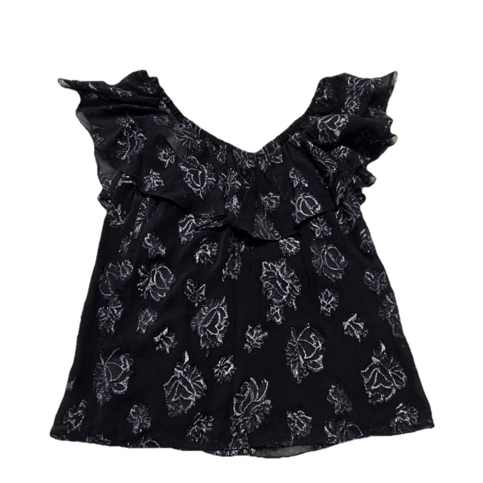 Vintage VINTAGE Rebecca Taylor Blouse Womens 0 Black Off Shoulder Floral Shimmer Silver 90s Size XS / US 0-2 / IT 36-38 - 2 Thumbnail