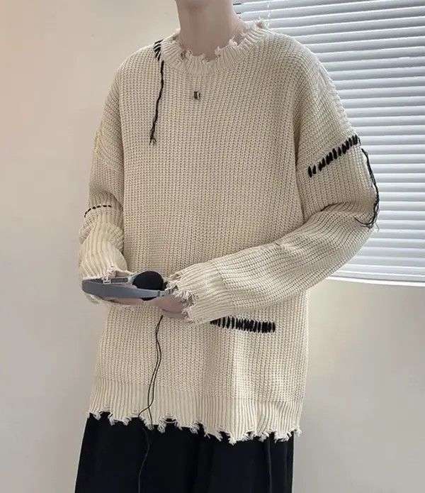VIBE Korean fashion beige distressed knit sweater knitwear Size US L / EU 52-54 / 3 - 7 Thumbnail