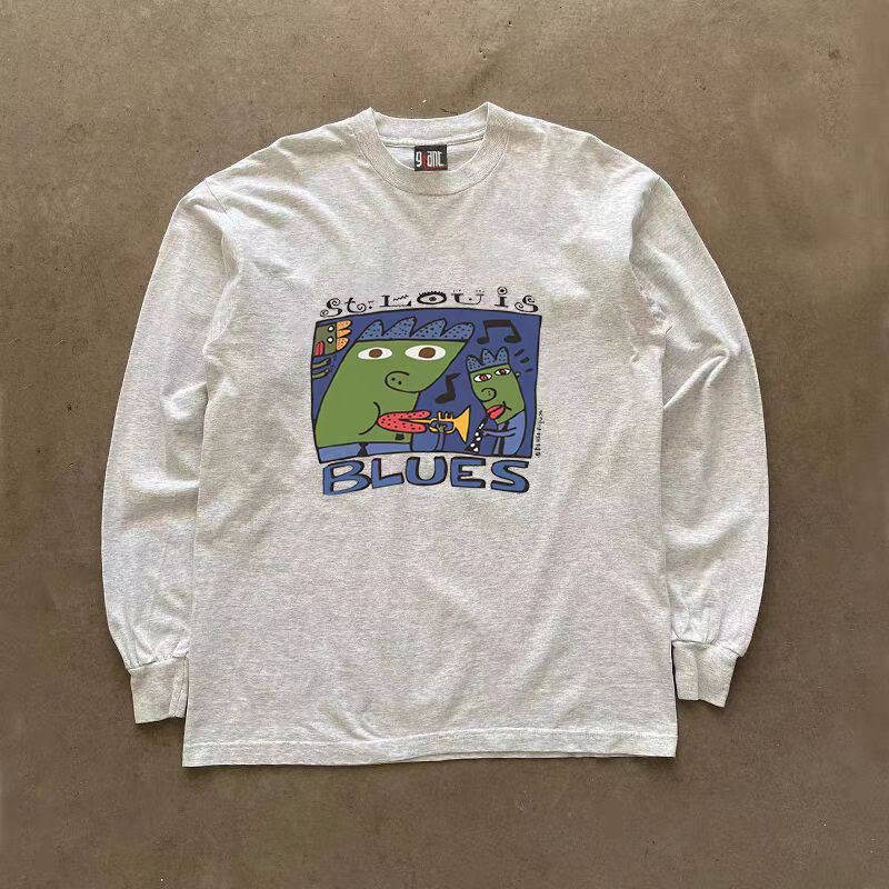 Vintage Gray retro cartoon print loose men's long-sleeved t-shirt Size US M / EU 48-50 / 2 - 1 Thumbnail