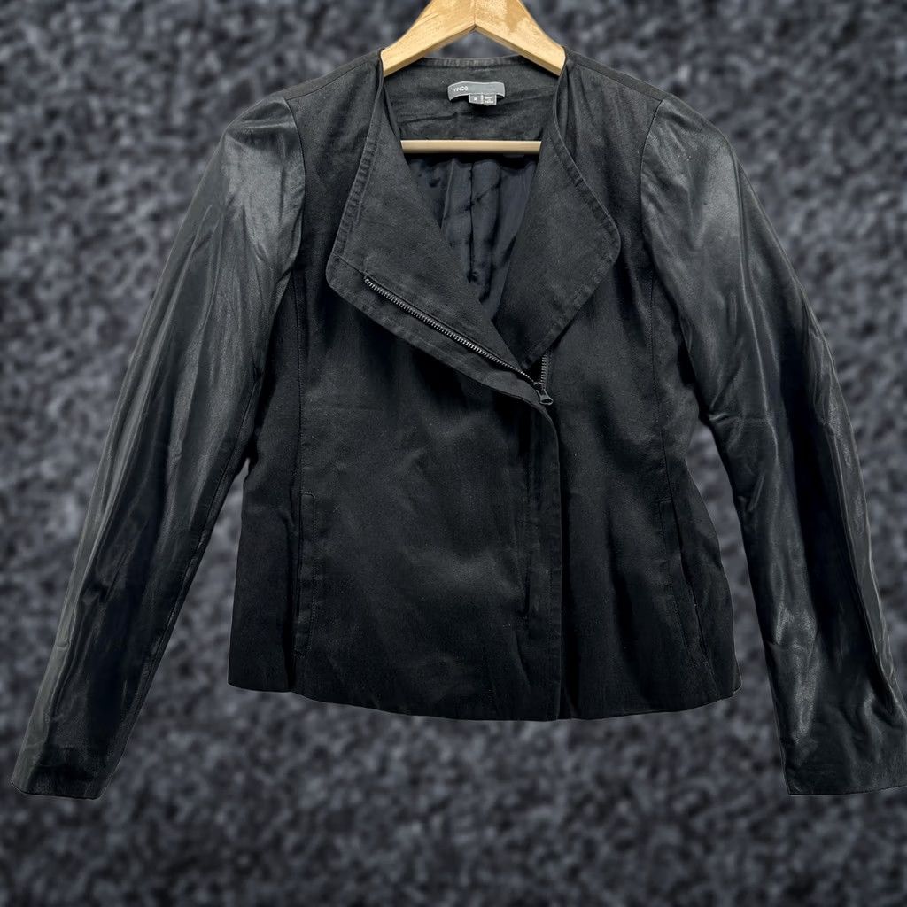 Vince Vince Womens 2 Biker Jacket Black Linen Leather Sleeves Asymmetrical Zip Front Short Length Size XS / US 0-2 / IT 36-38 - 1 Thumbnail