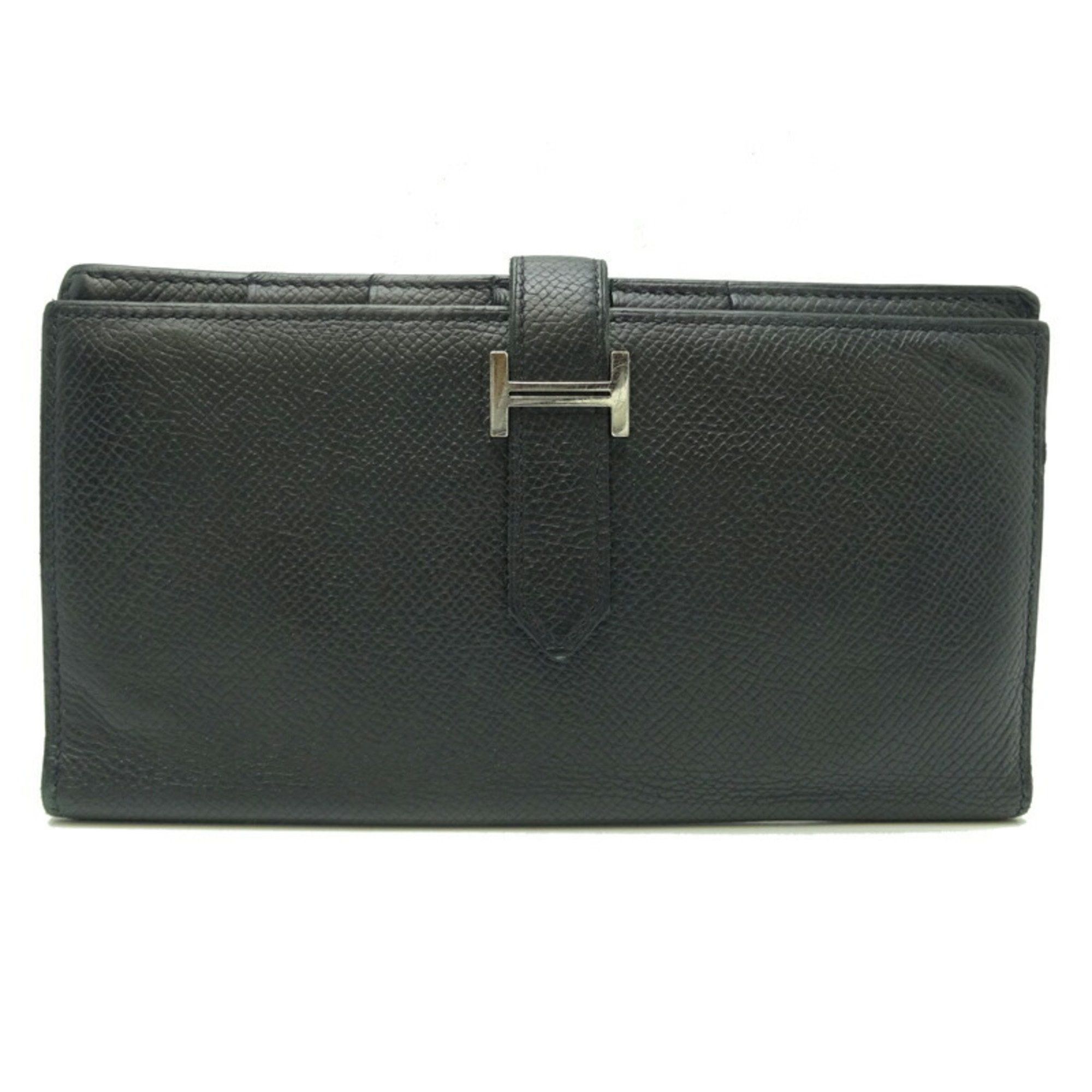 image of Hermes Bearn Soufflet □Q Stamp 2013 Made Ladies Long Wallet Epsom Leather Black, Women's