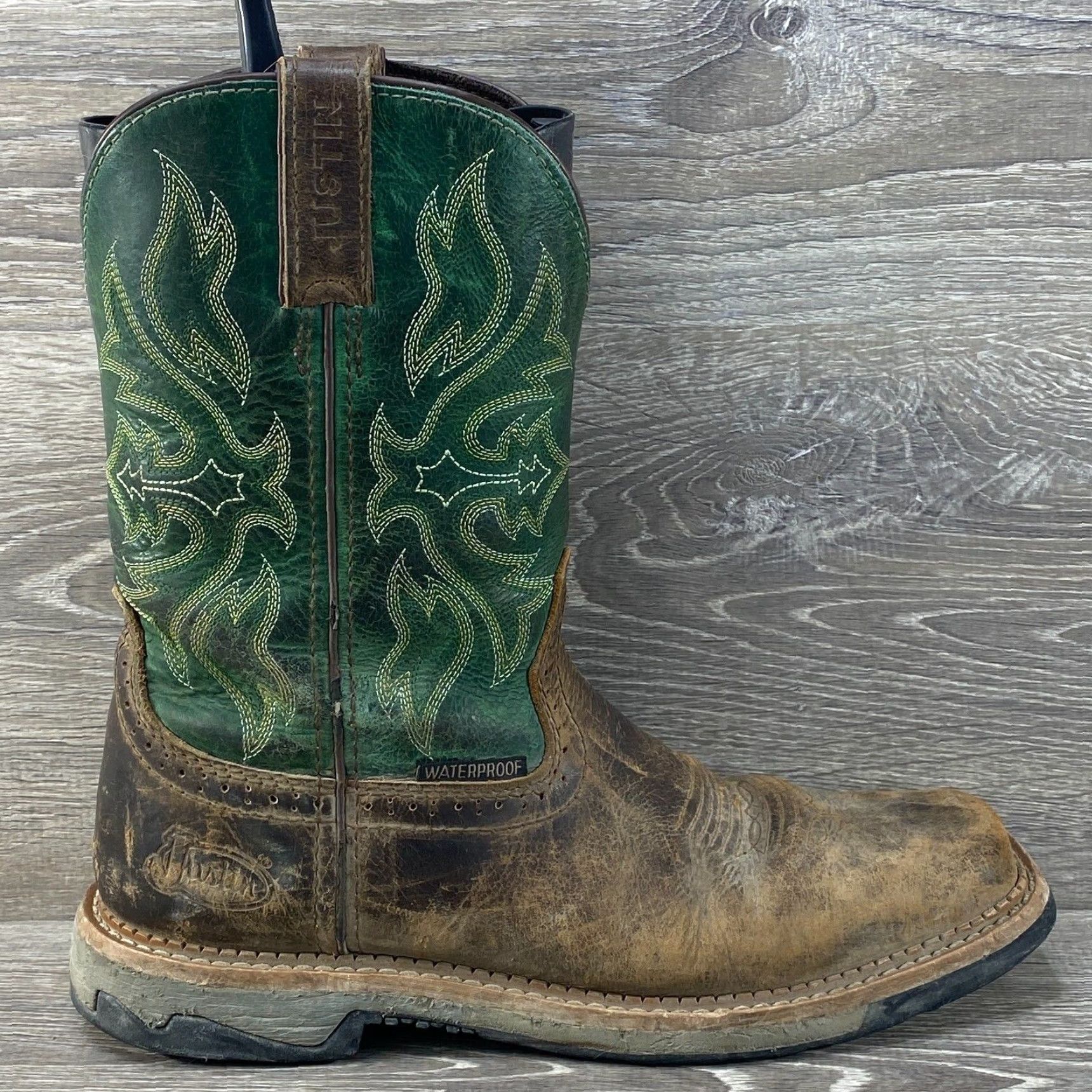 Justin Boots Justin Mens 9 D Waterproof Boots Work Cowboy Leather Square Toe Brown Green Boots Mens Size US 9 / EU 42 - 2 Thumbnail