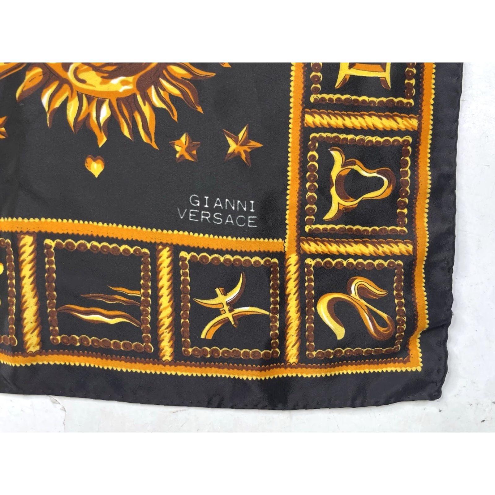 Versace VINTAGE Versace Zodiac Silk Sun Moon Stars Black Sole France Horoscope Women Scarve Silk 100% Black Zodiac Horoscope France Women Size ONE SIZE - 2 Thumbnail