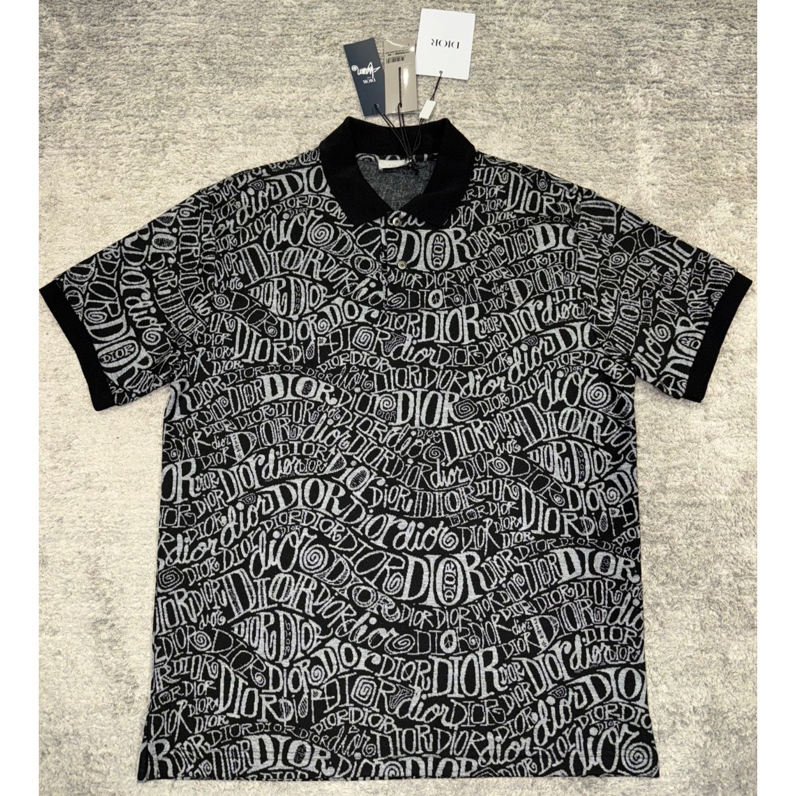 Dior Shawn Stussy Black Grey Swirl Graffiti Collared Polo