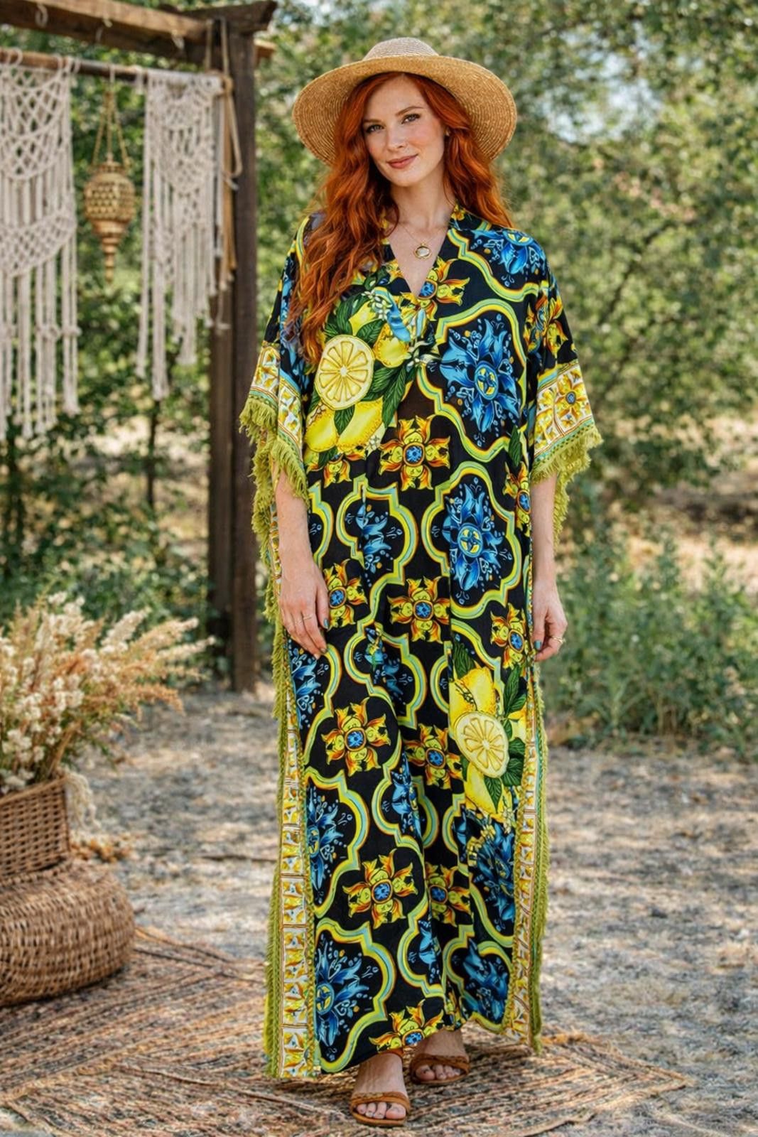 Other Bohemian Style Long Floral Print Kaftan Dress with Fringe Size ONE SIZE - 1 Thumbnail