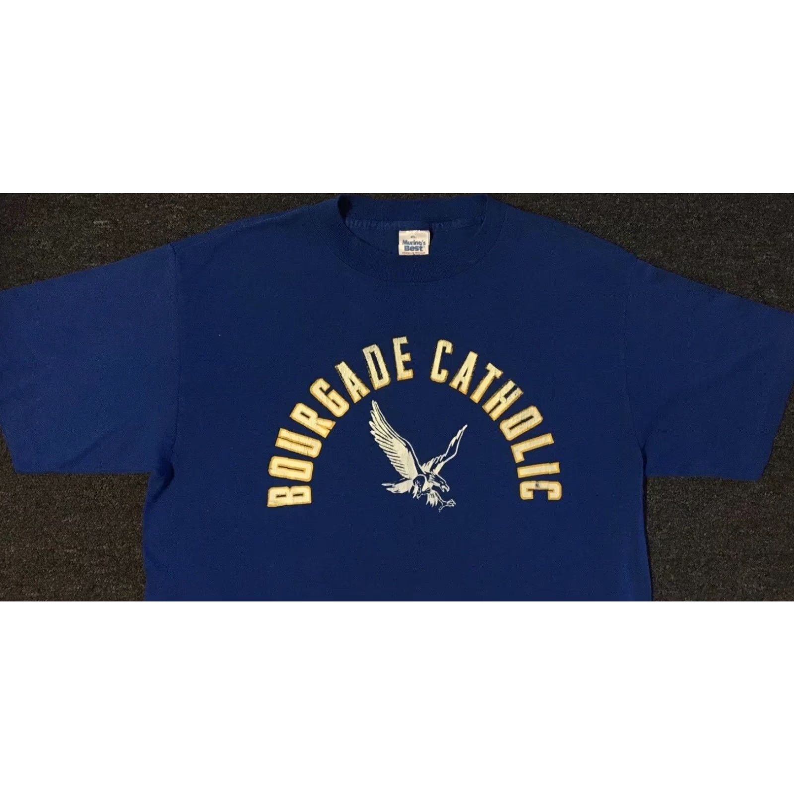 VINTAGE Bourgade Catholic School 90s Blue T-Shirt L Men Short Sleeve Distressed Track & Field PE Grunge 80s Animals University College USA USA