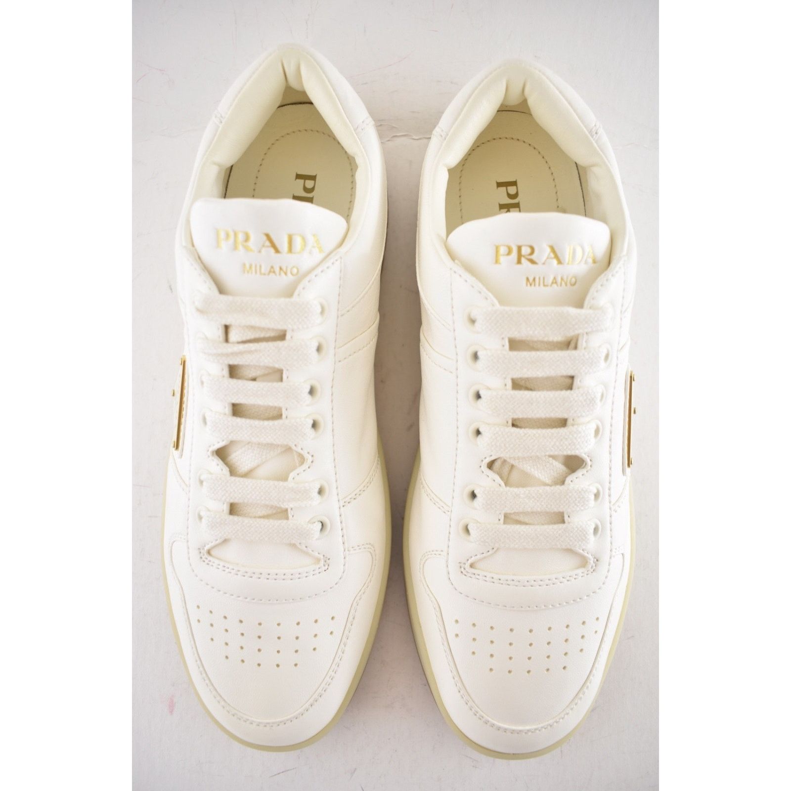 Prada Prada Downtown Leather Gold Logo Flat Low Top Sneaker 41 Size US 11 / IT 41 - 13 Thumbnail