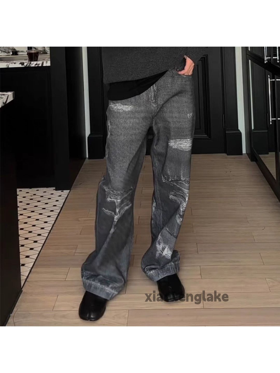 Washed faded loose baggy digital print pattern hiphop jeans