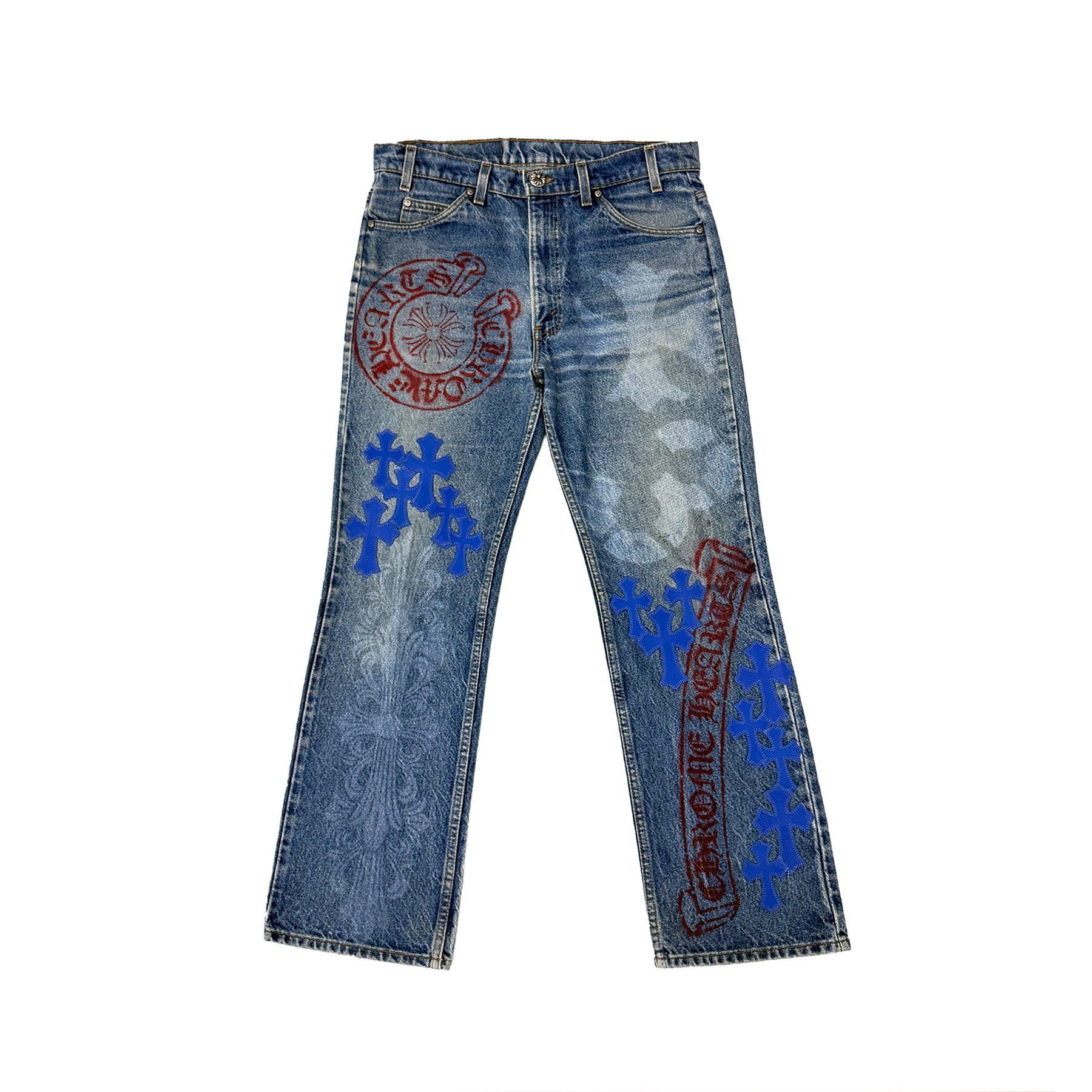 Chrome Hearts Chrome Hearts Levi's 517 Blue Cross Patch Spraypainted Jeans Size US 33 - 1 Thumbnail
