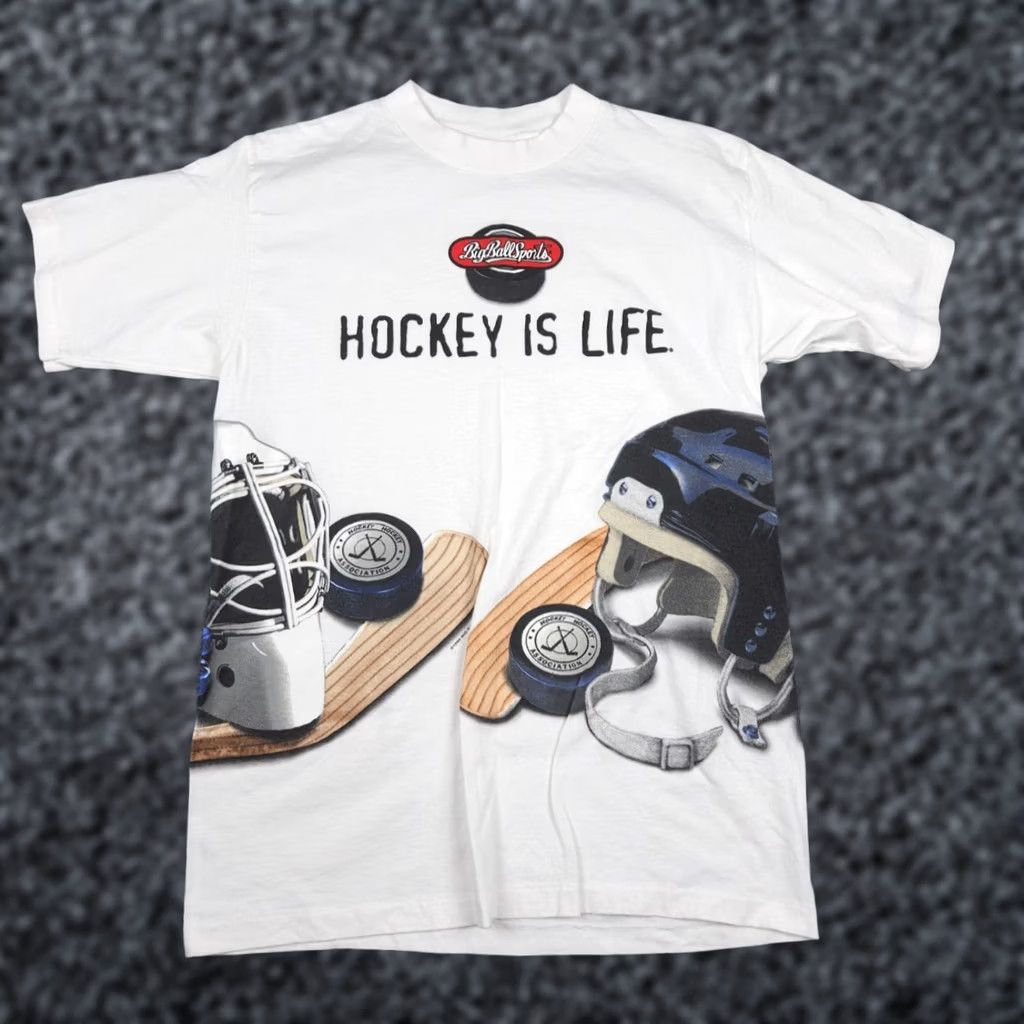 Vintage VINTAGE Big Ball Sports Shirt T-Shirt Men's Large White AOP Hockey Is Life Single Stitch 90s Sports Mens Size US L / EU 52-54 / 3 - 1 Thumbnail