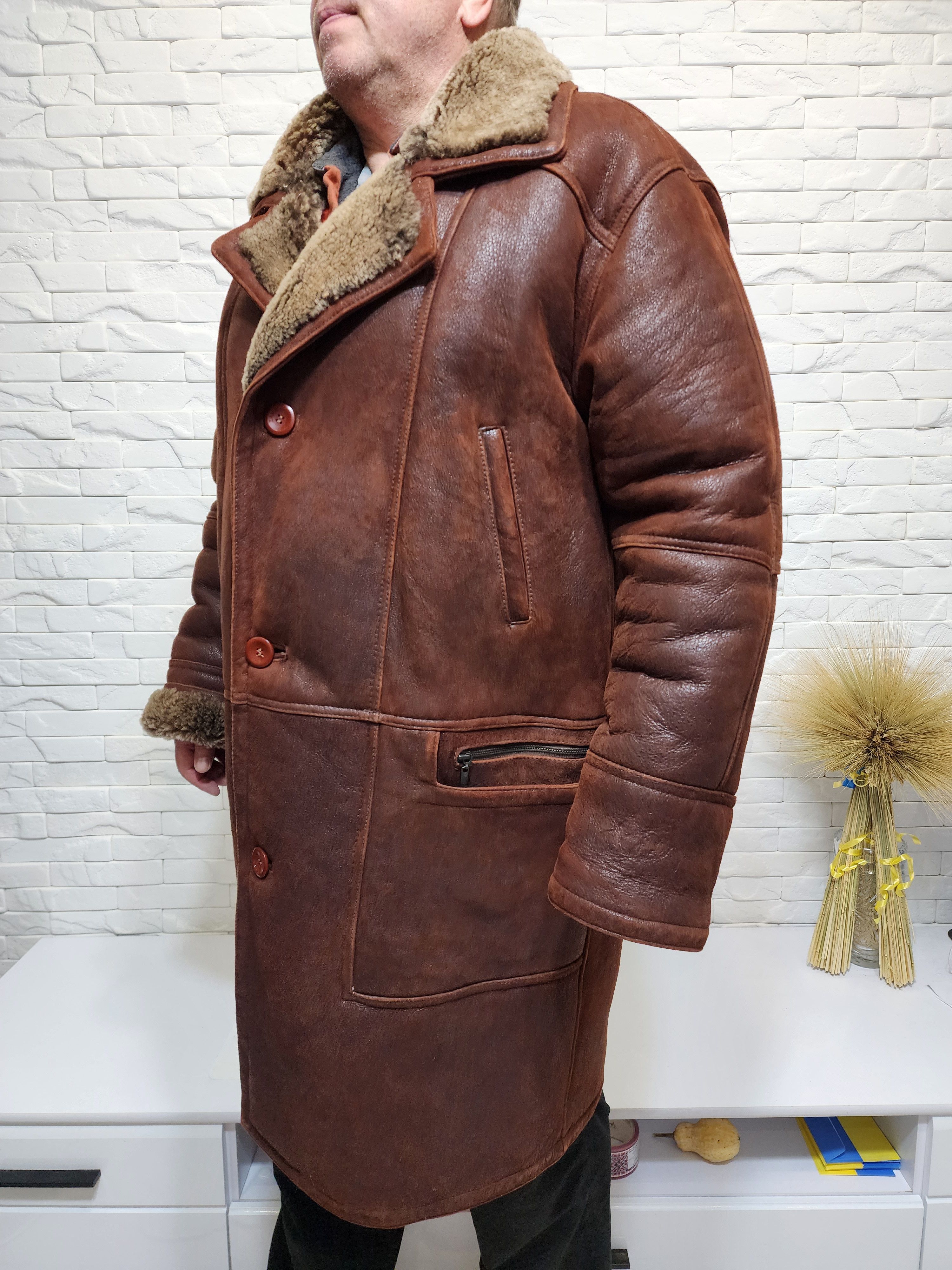 Genuine Leather Men's Brown Sheepskin Coat: Genuine Fur, Button Closure Size US XXL / EU 58 / 5 - 2 Thumbnail