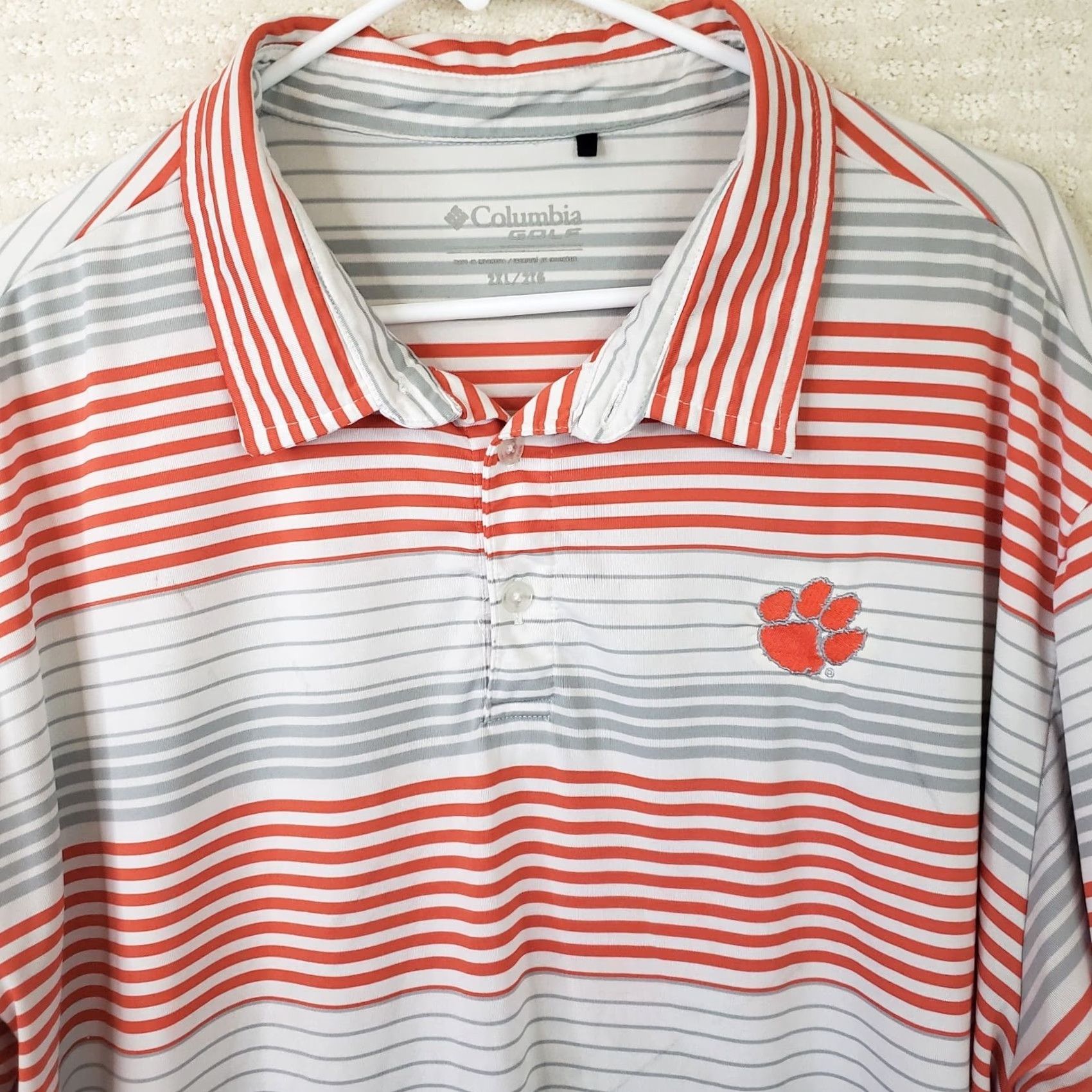 Vintage Columbia Polo Shirt Mens Short Sleeve Golf Light Gray Stripe Clemson Tigers Logo (XL) Size US XL / EU 56 / 4 - 3 Thumbnail