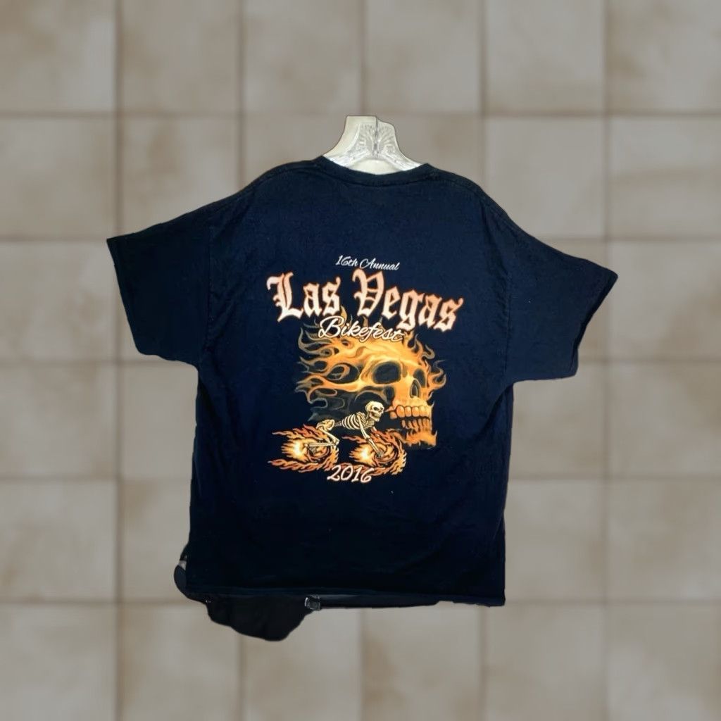Gildan VINTAGE Gildan Men's T-Shirt XL Black Biker Skull Flames 2016 Las Vegas Bikefest All Seasons Size US XL / EU 56 / 4 - 1 Thumbnail