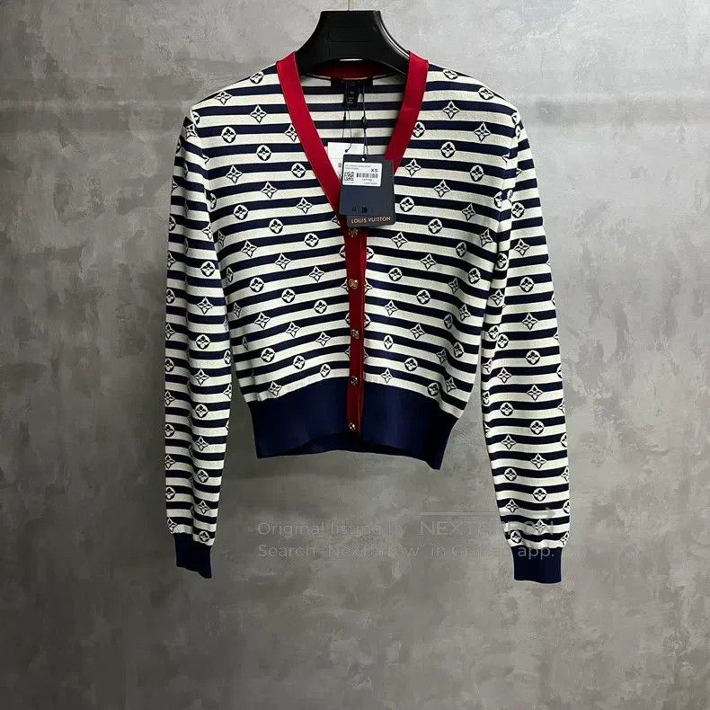 Louis Vuitton Blue Stripe V-Neck Long Sleeve Cardigan Swea