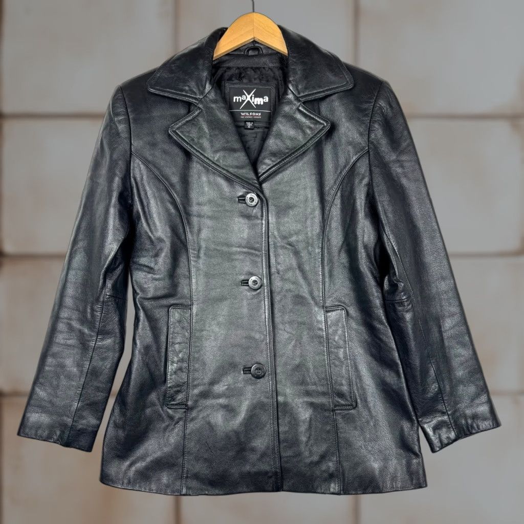 Vintage VINTAGE Maxima Women's Coat Motorcycle Jacket Black Leather 90s Y2K Mid-Length Long Sleeve S Black Women Mens? Size S / US 4 / IT 40 - 1 Thumbnail