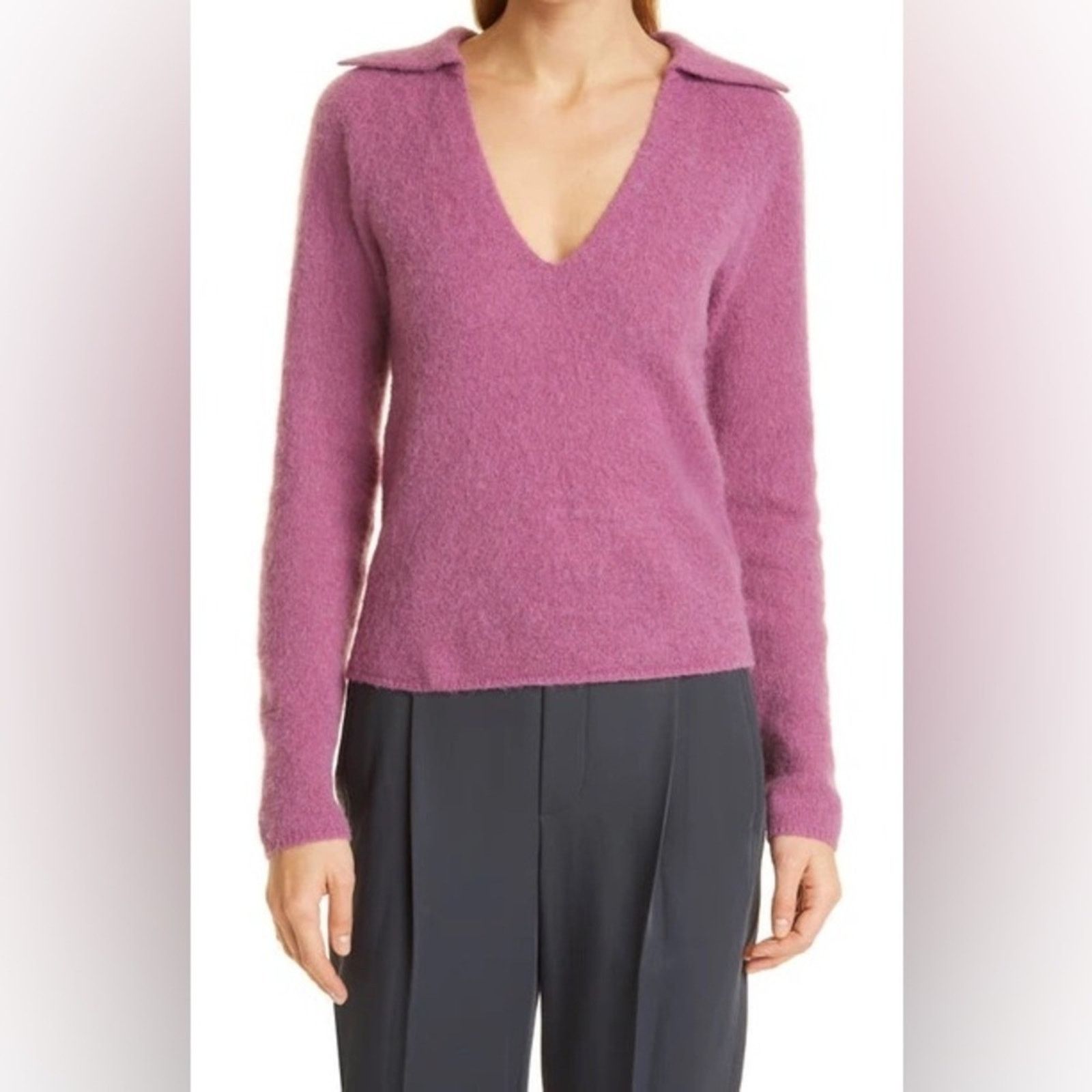 Vince VINCE Brushed V Neck Polo Alpaca & Wool-Blend Sweater Pink S Size S / US 4 / IT 40 - 7 Thumbnail