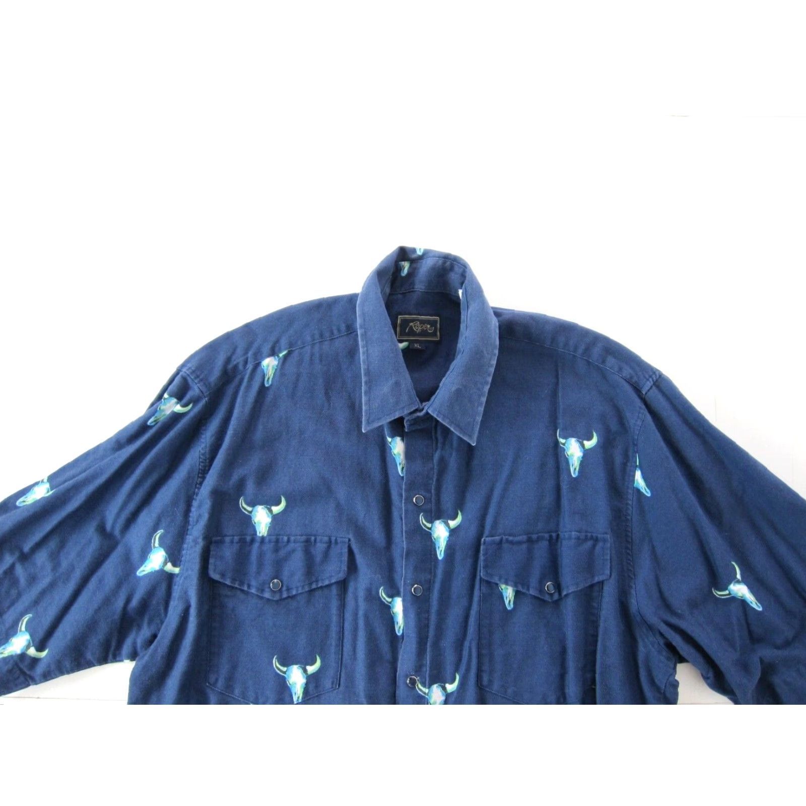 Roper Roper Shirt Men XL Blue Green Bull Skull Western Short Sleeve Button Down Rodeo Size US XL / EU 56 / 4 - 4 Thumbnail
