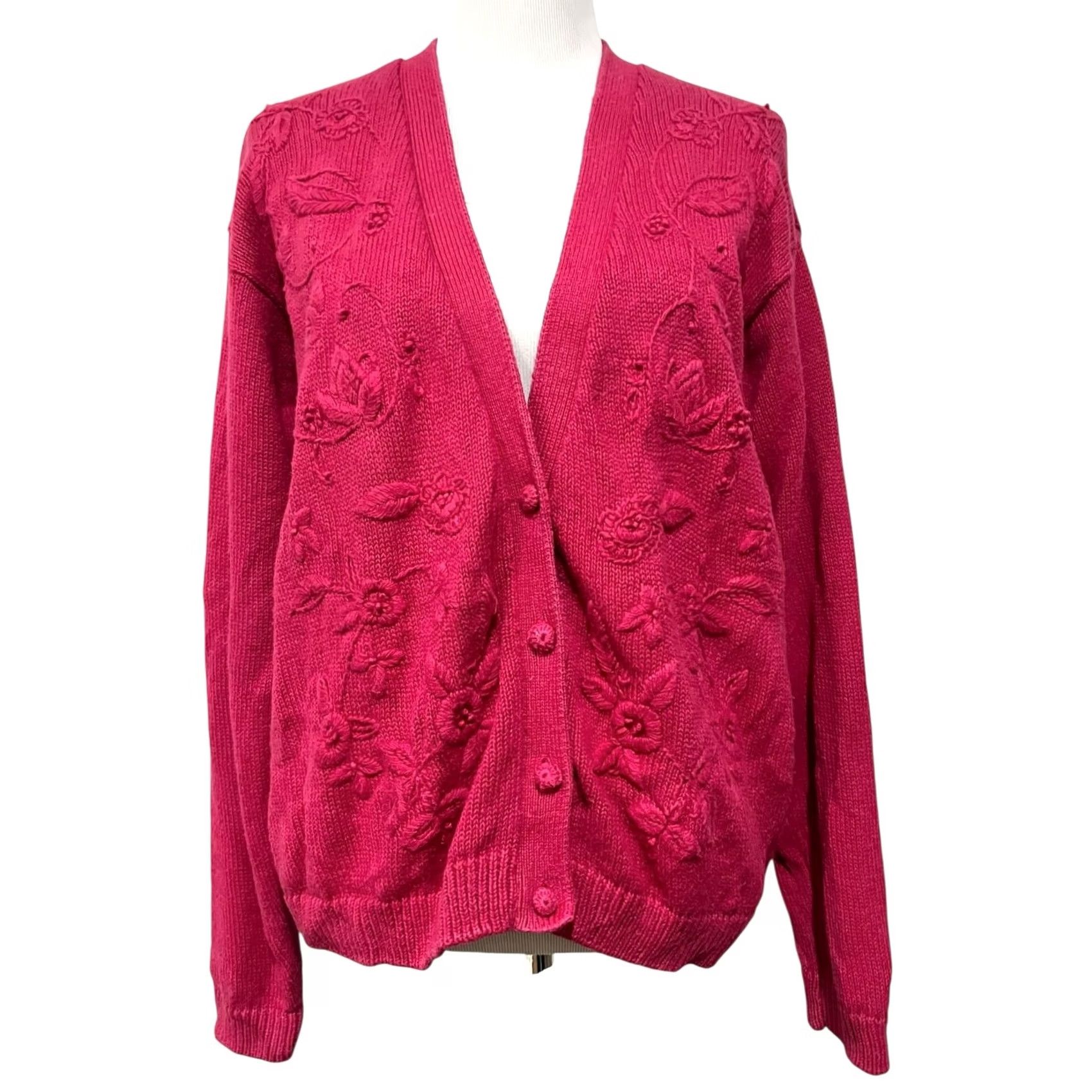 Vintage VINTAGE Cape Isle Knitters Cardigan Sweater Womens XL Pink Floral 90s Cottage Knitters Womens XL Button Heavy Knitted by Hand Size XL / US 12-14 / IT 48-50 - 2 Thumbnail