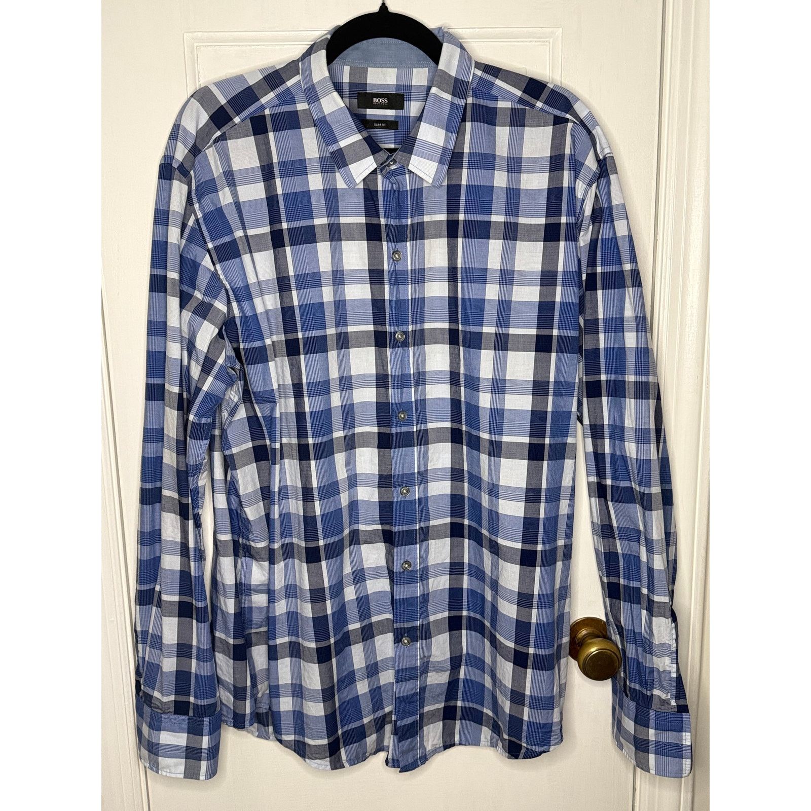 Hugo Boss Hugo Boss Slim Fit Button Down Shirt Blue/White Plaid XL Size US XL / EU 56 / 4 - 1 Thumbnail