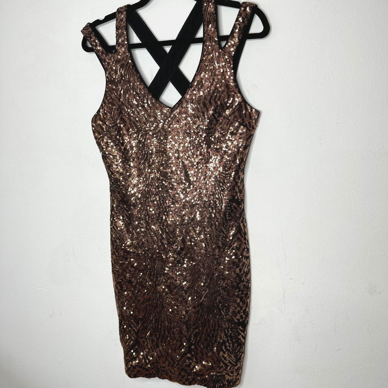 Bebe Bebe Copper Bronze Sequin Mini Dress Criss Cross Back Zip M Size M / US 6-8 / IT 42-44 - 4 Thumbnail