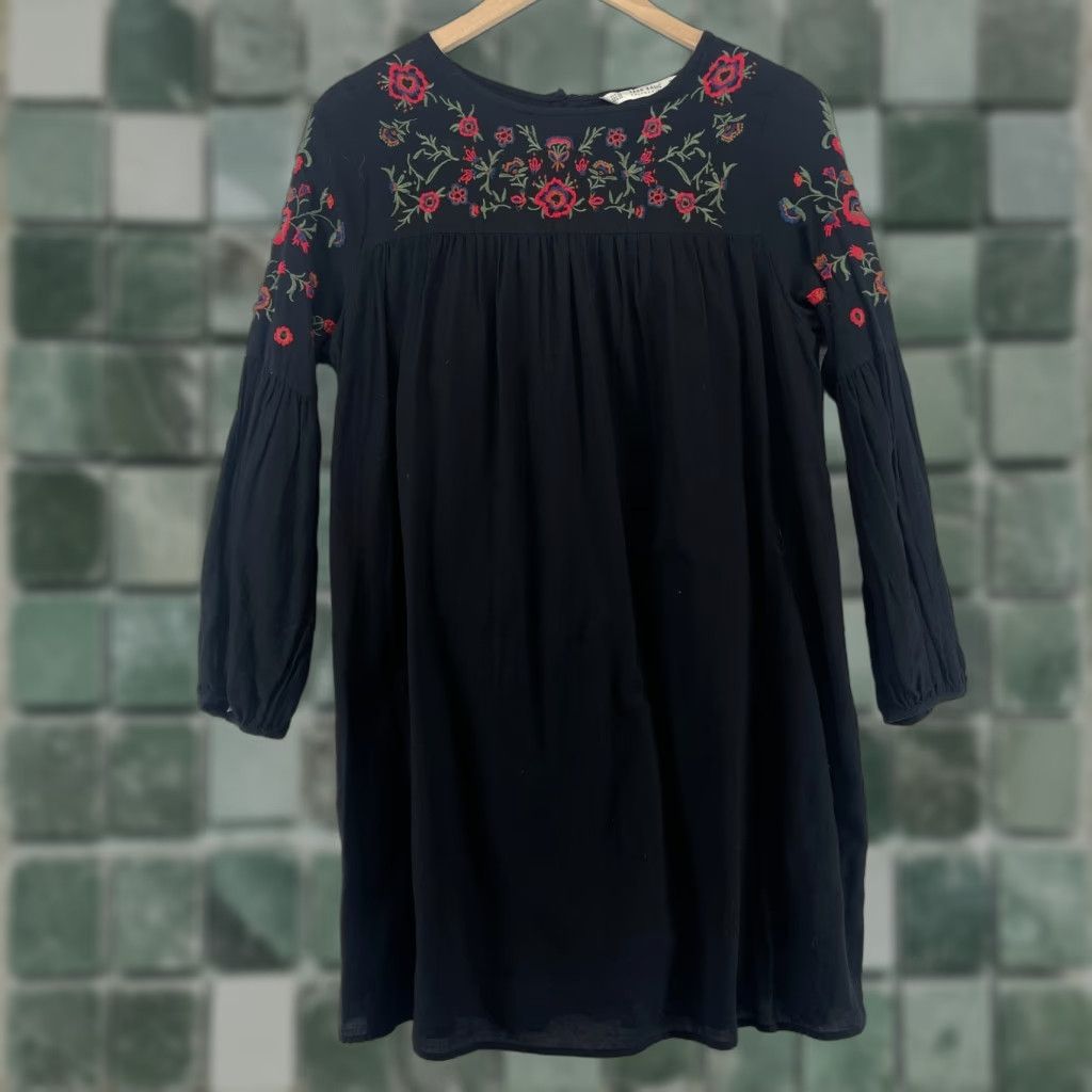 ZARA Dress Basic Collection XS Embroidered Floral Tunic Gauze Long Sleeve Black