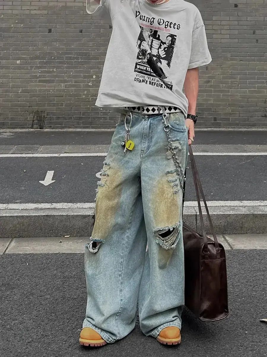 Japanese Brand Casual loose wide leg ripped jeans Size US 32 / EU 48 - 2 Thumbnail