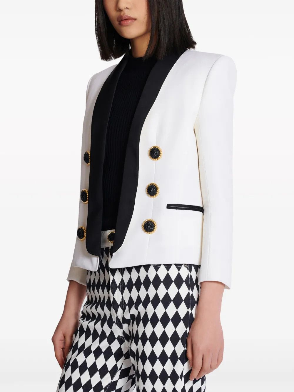 Balmain o1s1wg110825 Satin Lapel Wool Open Jacket in White Size S / US 4 / IT 40 - 3 Thumbnail