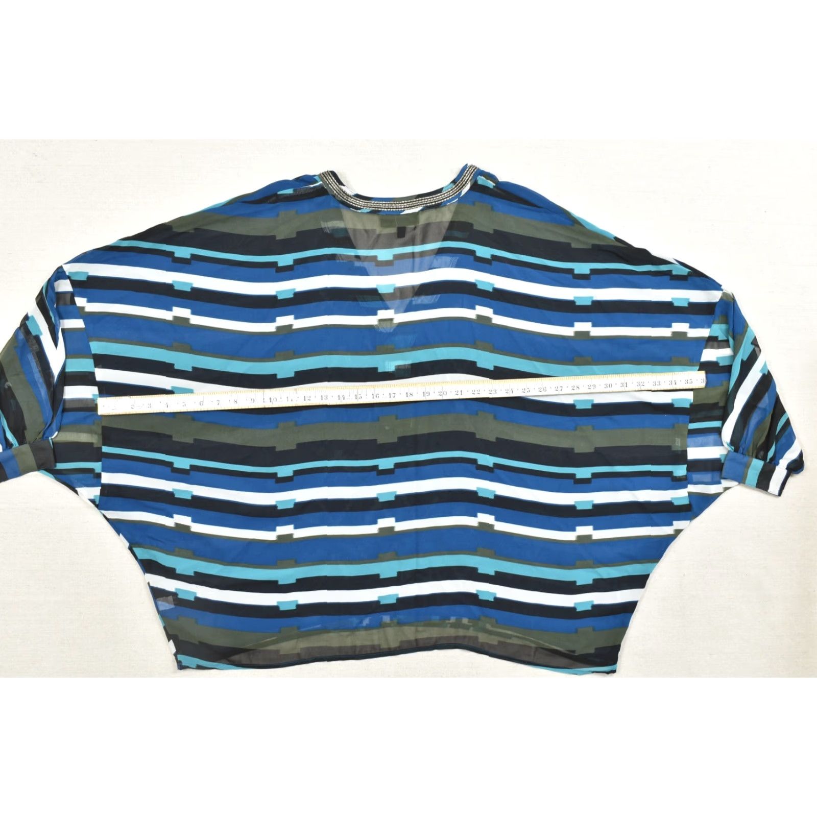 Vintage Lane Bryant Top Womens 18/20 Blue Geometric Striped V-Neck Beaded Trim Dolman Shirt Size XXL / US 16-18 / IT 52-54 - 3 Thumbnail