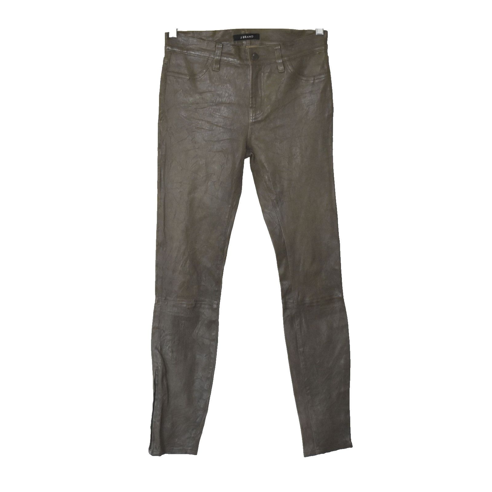 New J Brand Olive Lamb Leather Slim Skinny Ankle Zip Pant 27 in Green, Women's